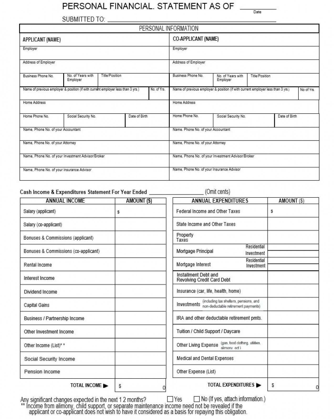 002 Generic Personal Financial Statement Form Pdf Template Regarding Blank Personal Financial Statement Template