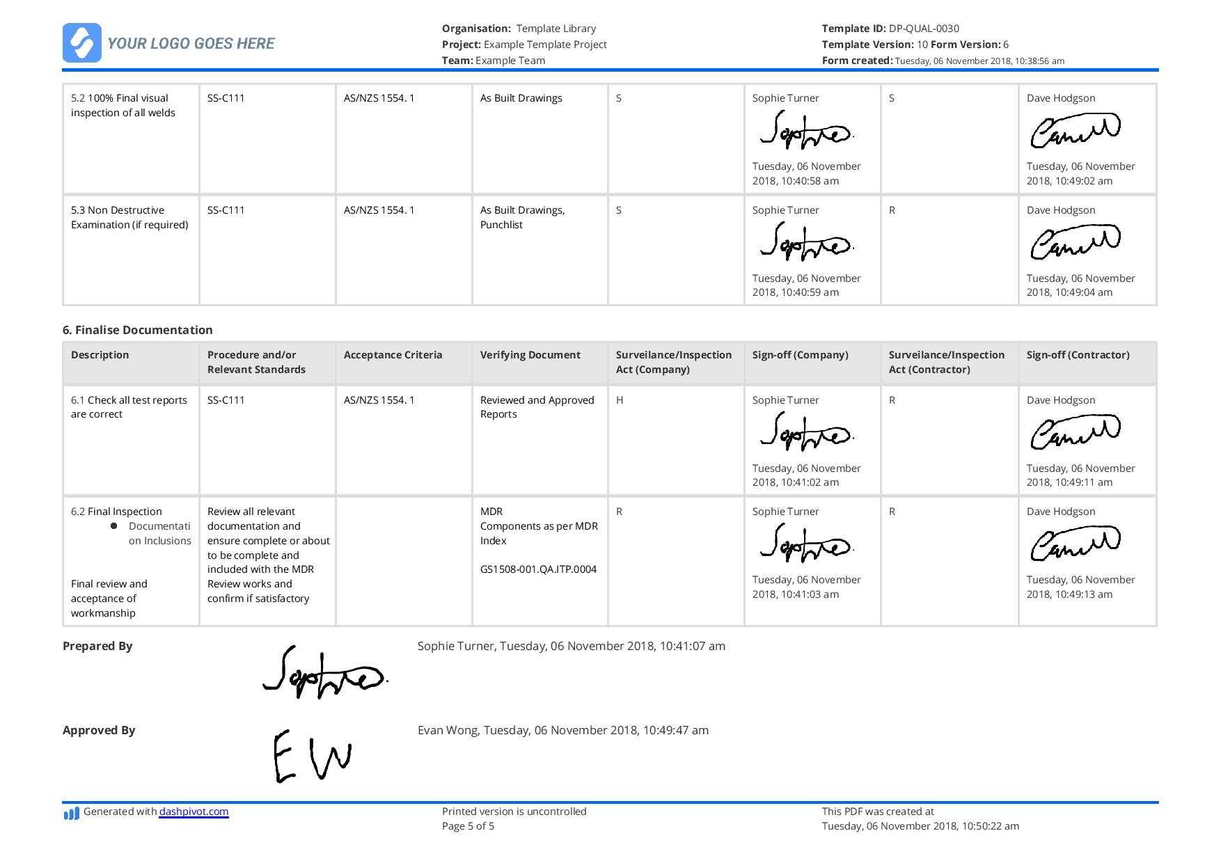 002 Welding Quality Control Plan Sample Template Ideas Inside Welding Inspection Report Template