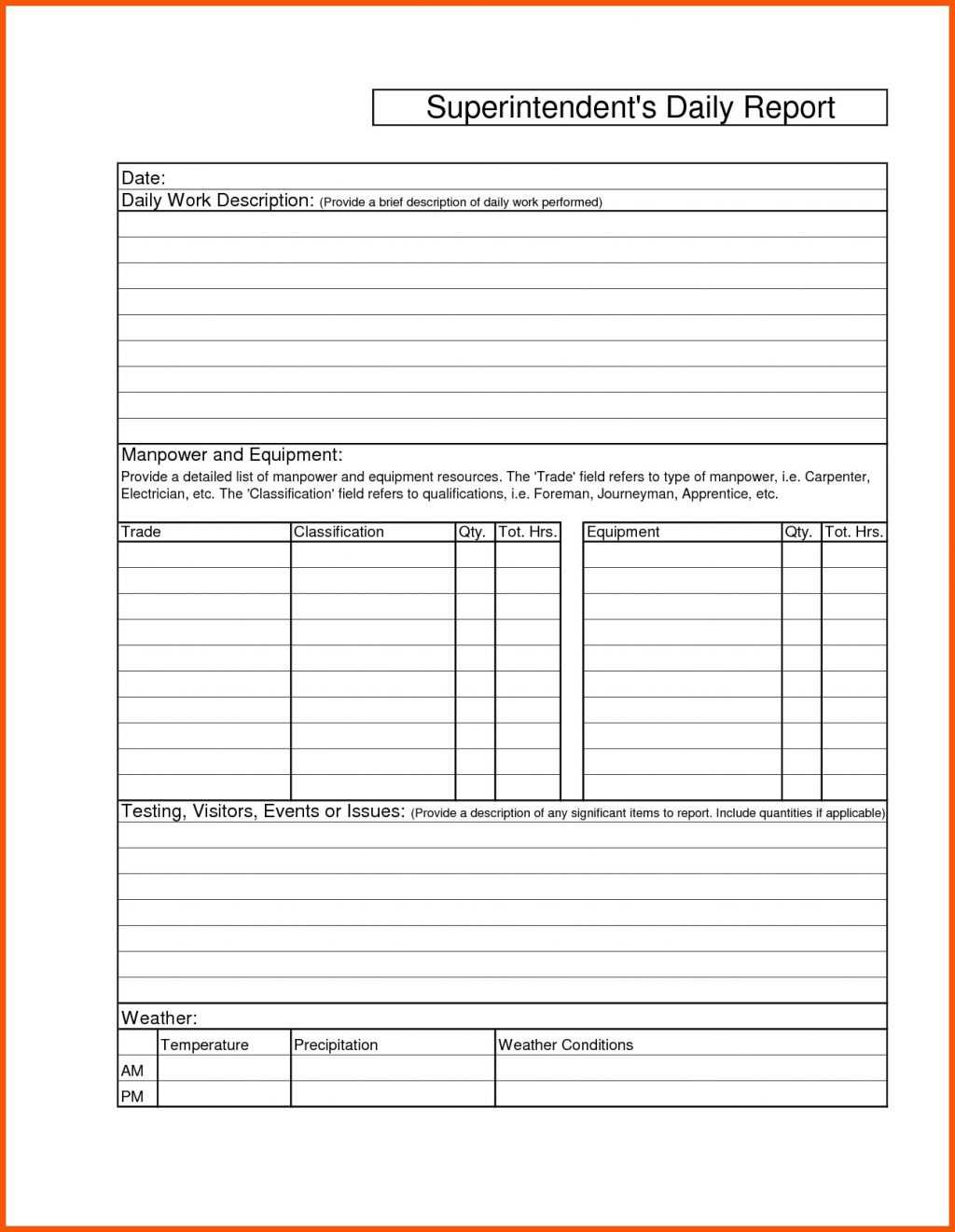 005 Construction Superintendent Daily Report Forms Work Mail Regarding Superintendent Daily Report Template