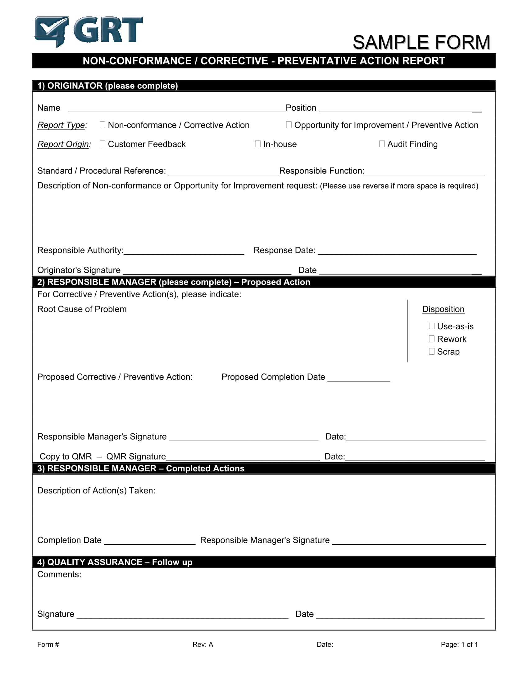 012 Corrective Action Form Template Manufacturing Non Intended For Non Conformance Report Form Template