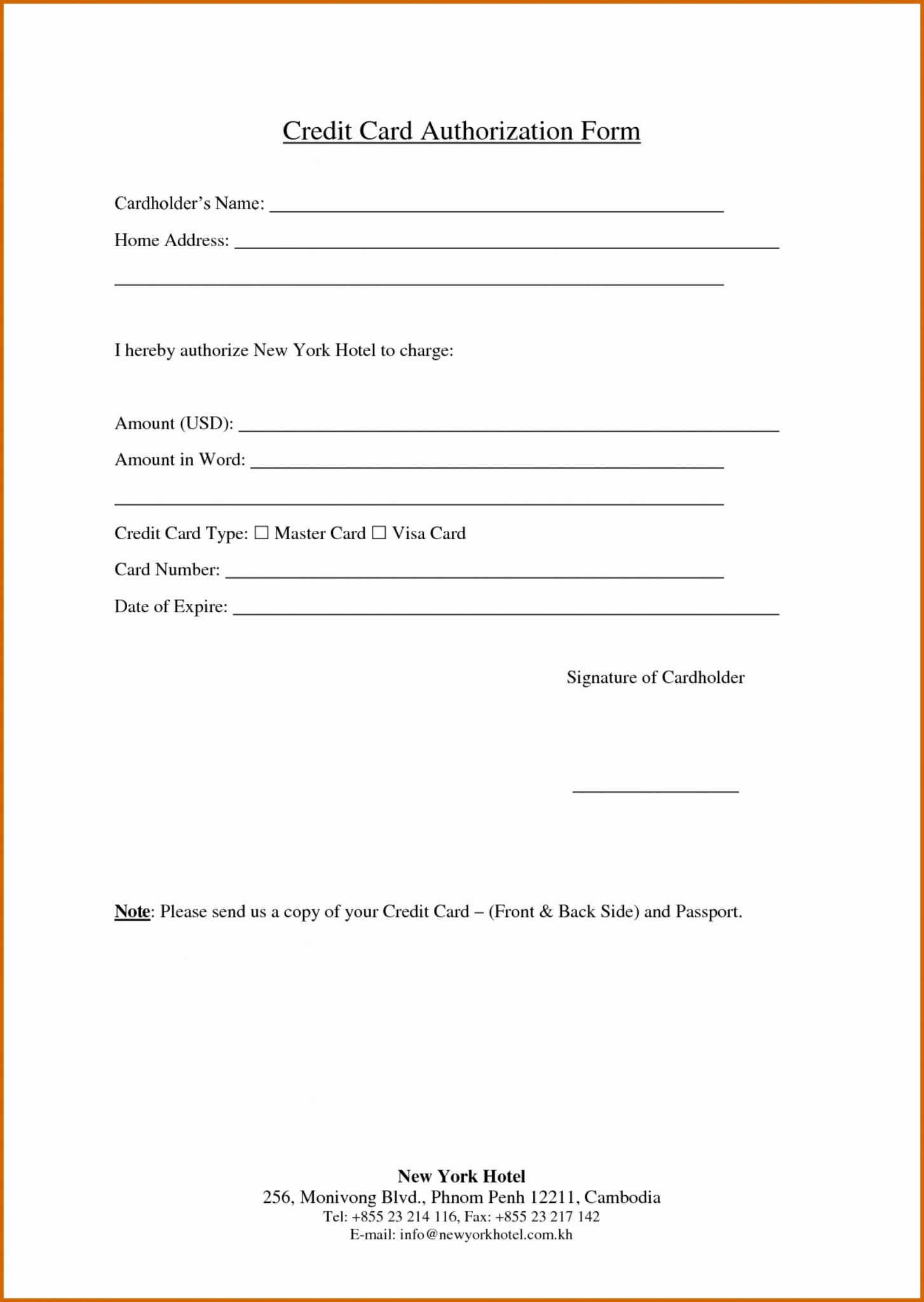 Credit Card Authorization Form Template Free Download