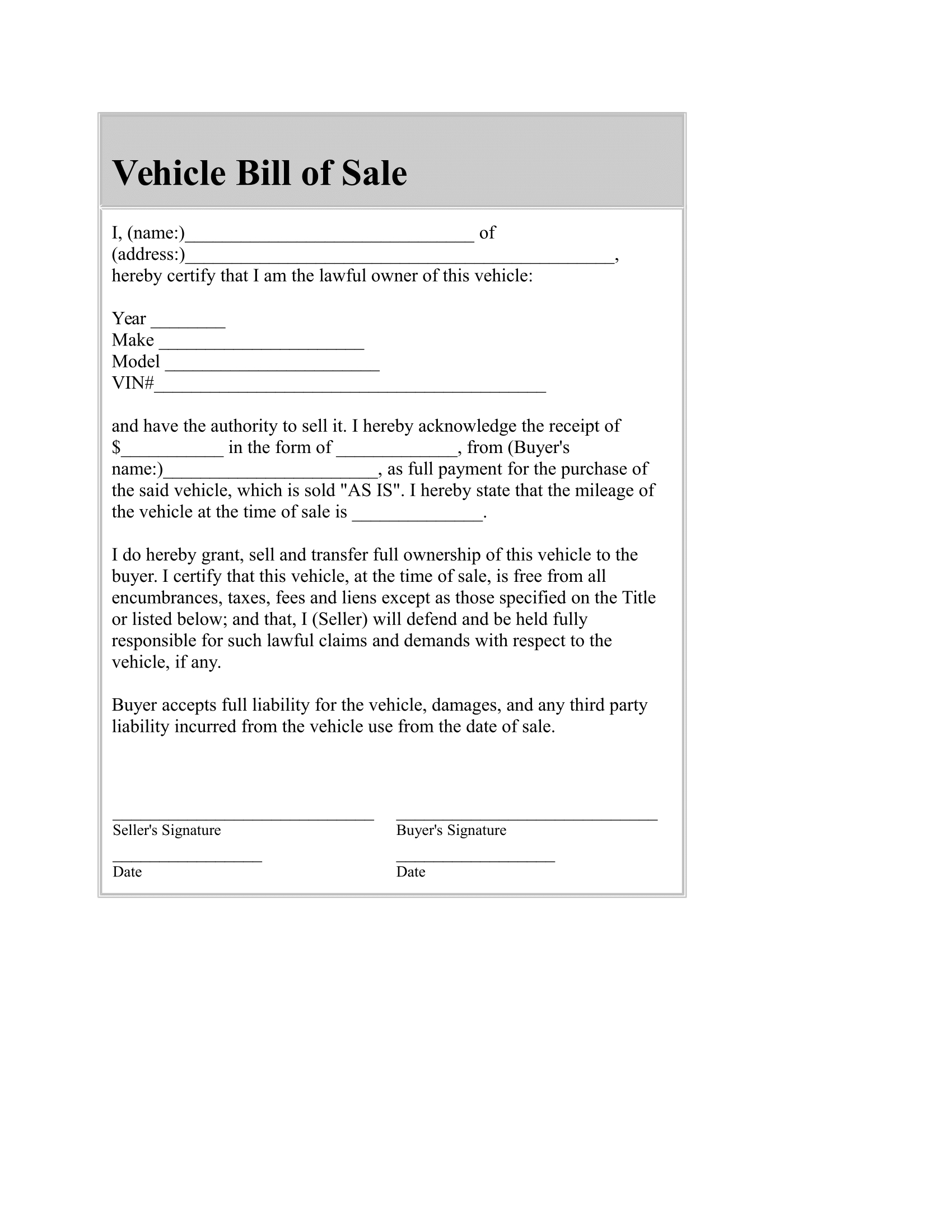 019 Vehicle Bill Of Sale Template Word Car Free Download Pdf With Regard To Vehicle Bill Of Sale Template Word