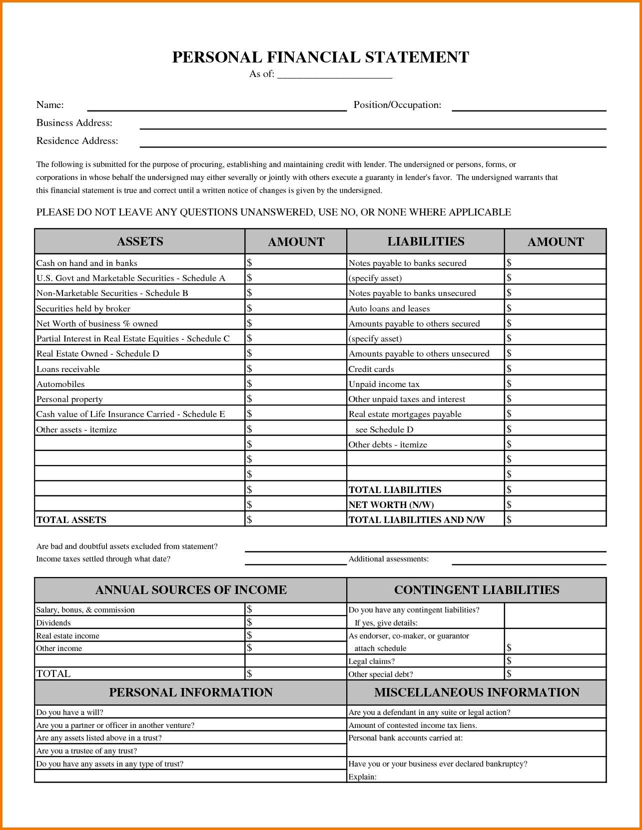 023 Sba Personal Financial Statement Template Excel Fresh Inside Blank Personal Financial Statement Template