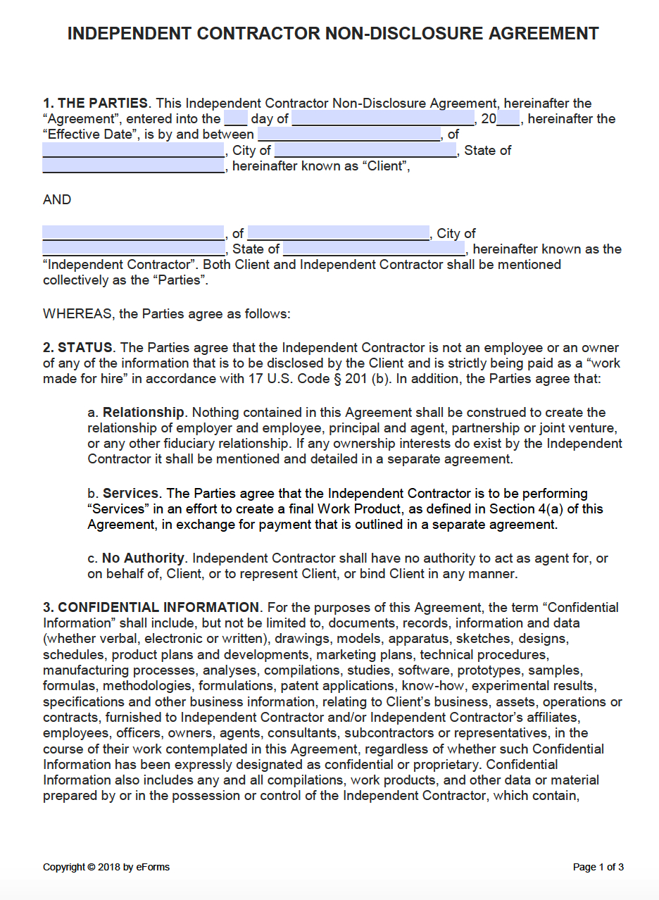 025 Independent Contractor Non Disclosure Agreement Nda Pertaining To Nda Template Word Document