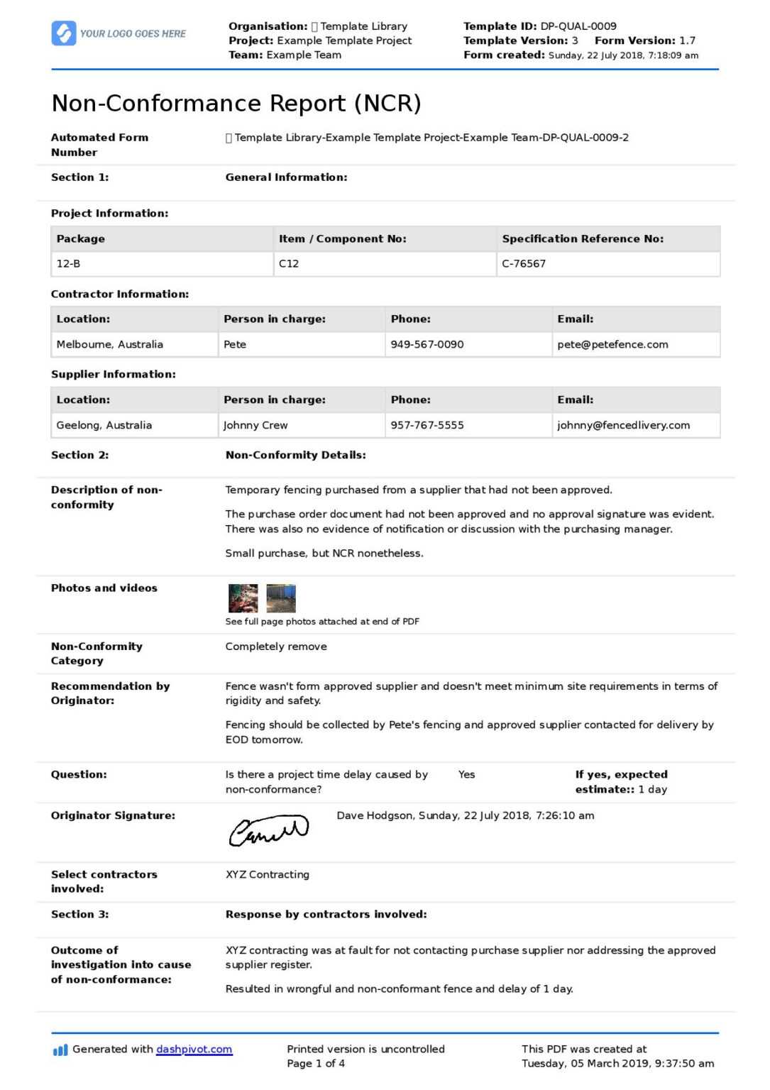 037 Example Template Project Non Conformance Report Ncr Page with Ncr ...