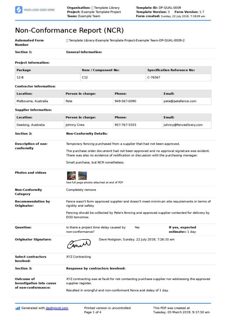 037 Example Template Project Non Conformance Report Ncr Page with Ncr