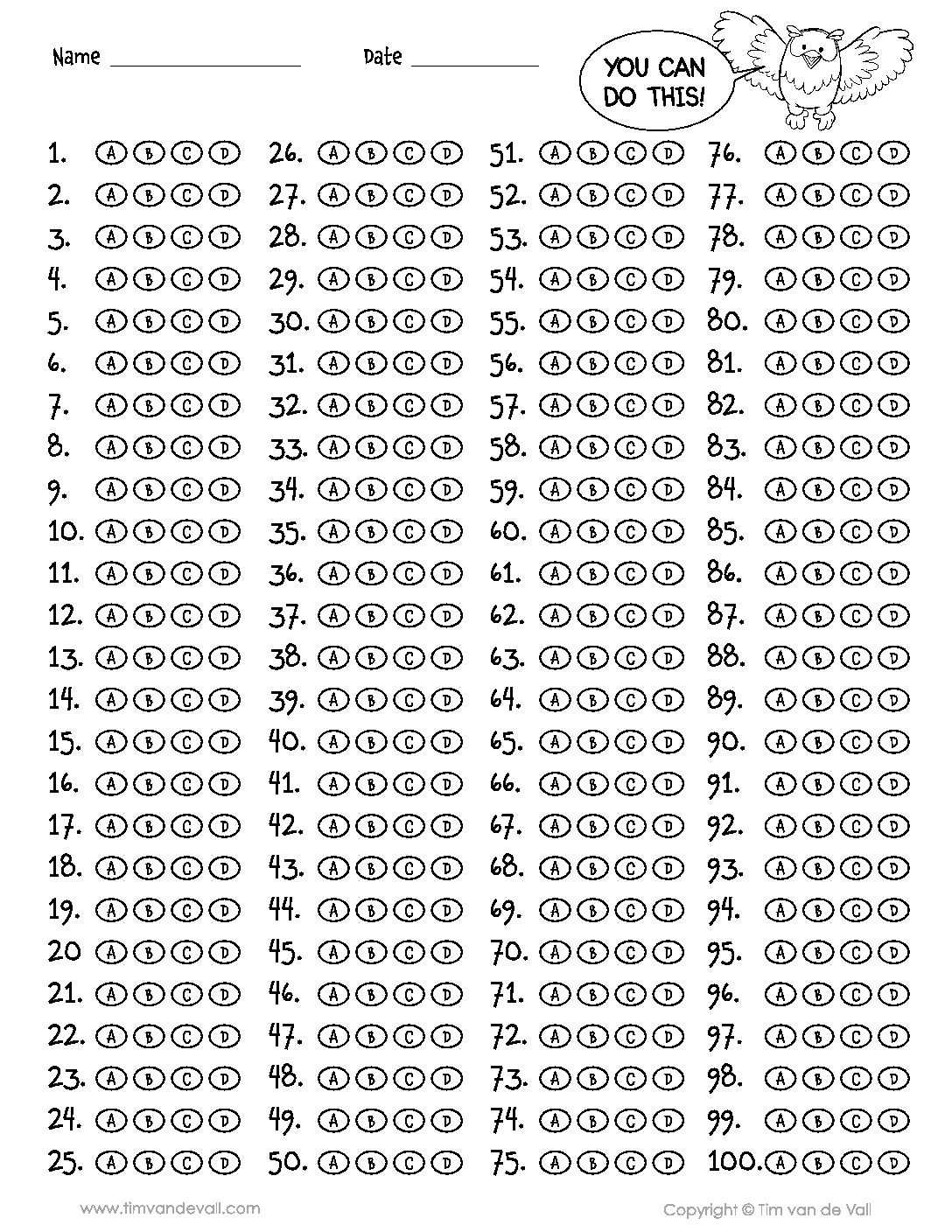 100 Question Answer Sheet – Tim's Printables For Blank Answer Sheet Template 1 100