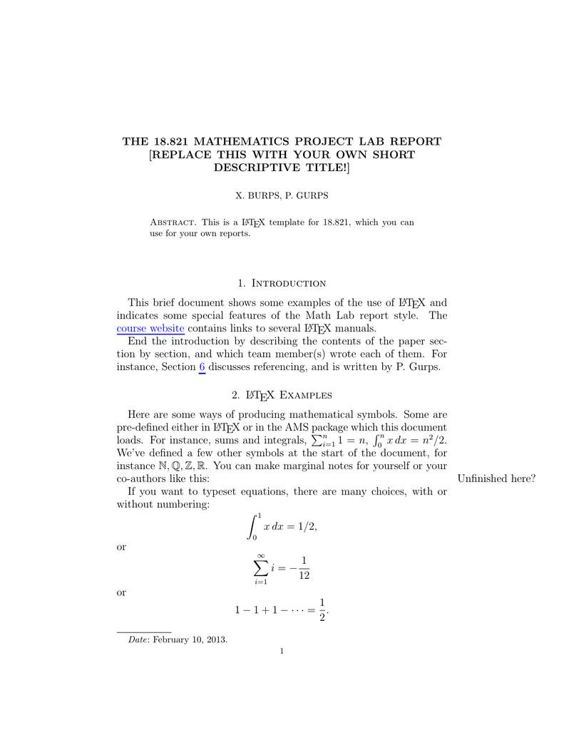 18.821 Mathematics Project Lab Report The [Replace Regarding Latex Template For Report
