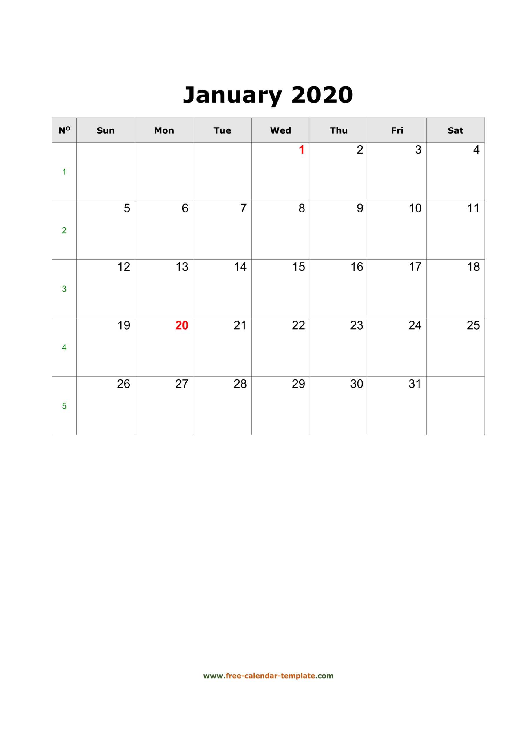 2020 January Calendar (Blank Vertical Template) | Free For Blank One Month Calendar Template