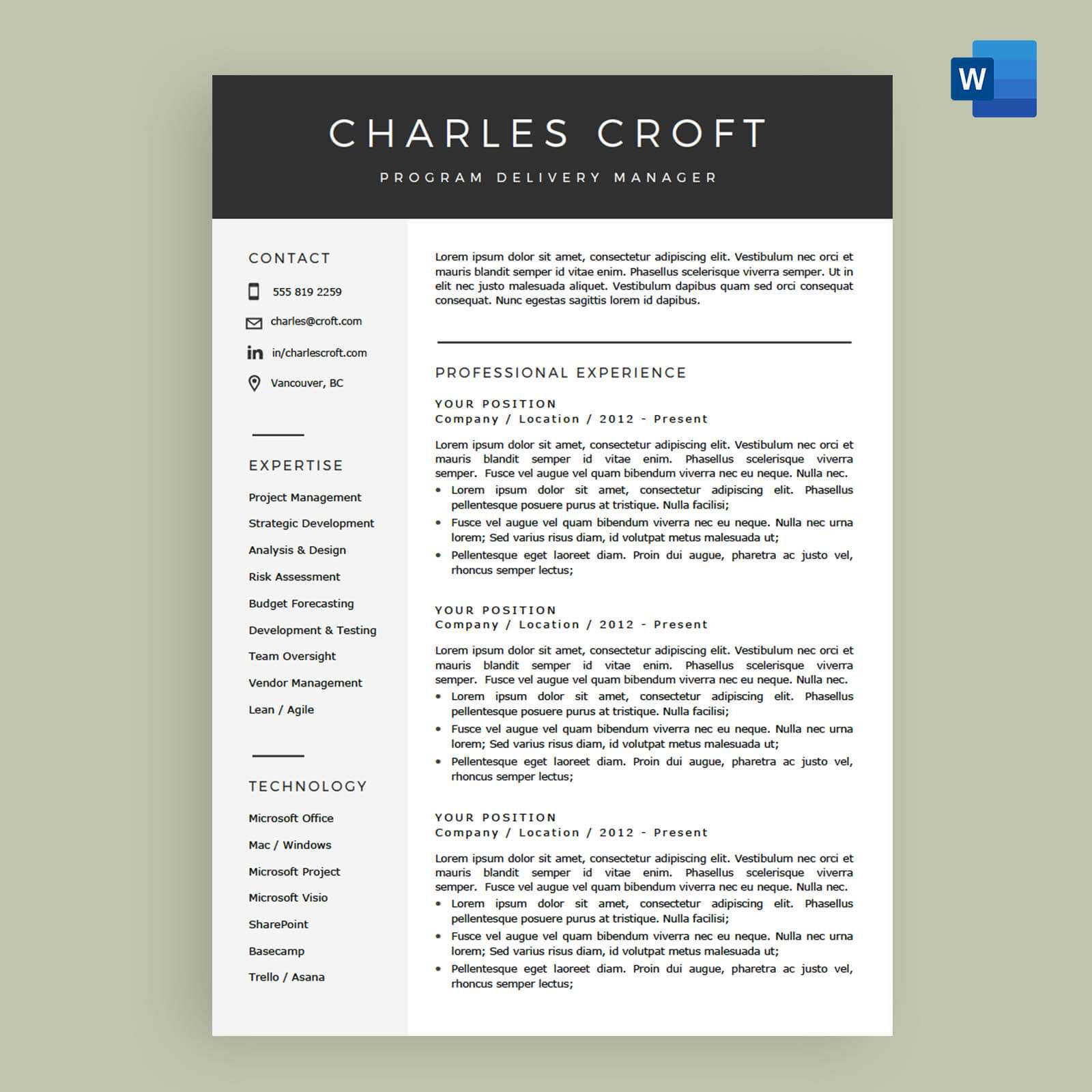 4 Page Resume / Cv Template Package For Microsoft™ Word – The 'charlie' Inside Microsoft Word Resumes Templates