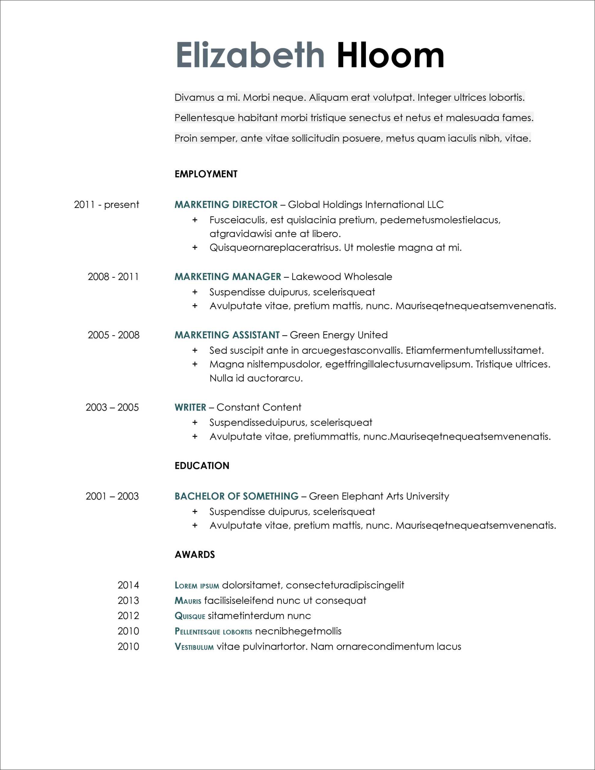 45 Free Modern Resume / Cv Templates – Minimalist, Simple In Resume Templates Microsoft Word 2010