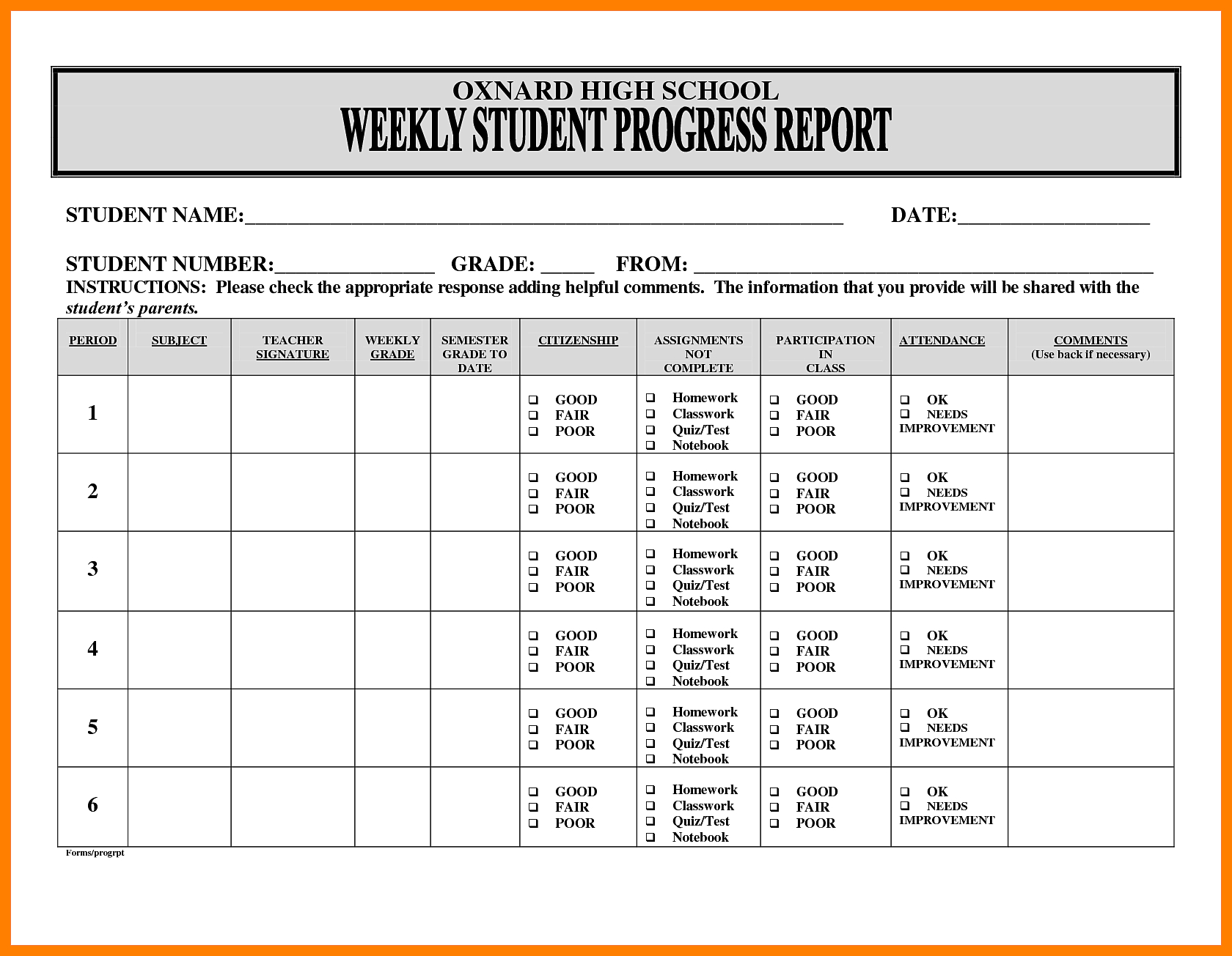 5+ Free Student Weekly Progress Report Template | Marlows Within Weekly Test Report Template