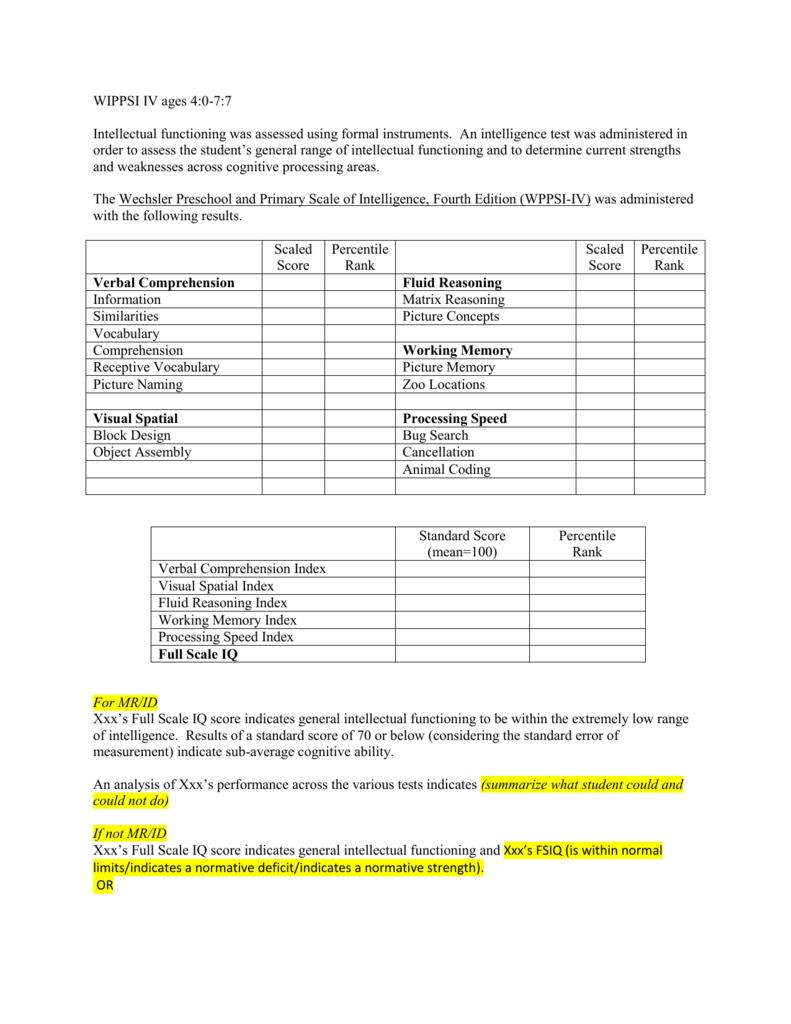 8 Cognitive Template Wppsi Iv Ages 4 0 7 7 For Wppsi Iv Report Template