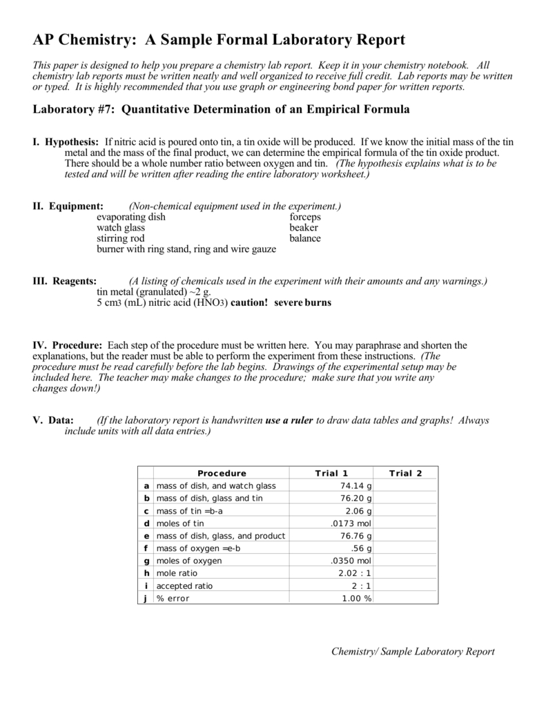 Ap Chemistry: A Sample Formal Laboratory Report In Lab Report Template Chemistry