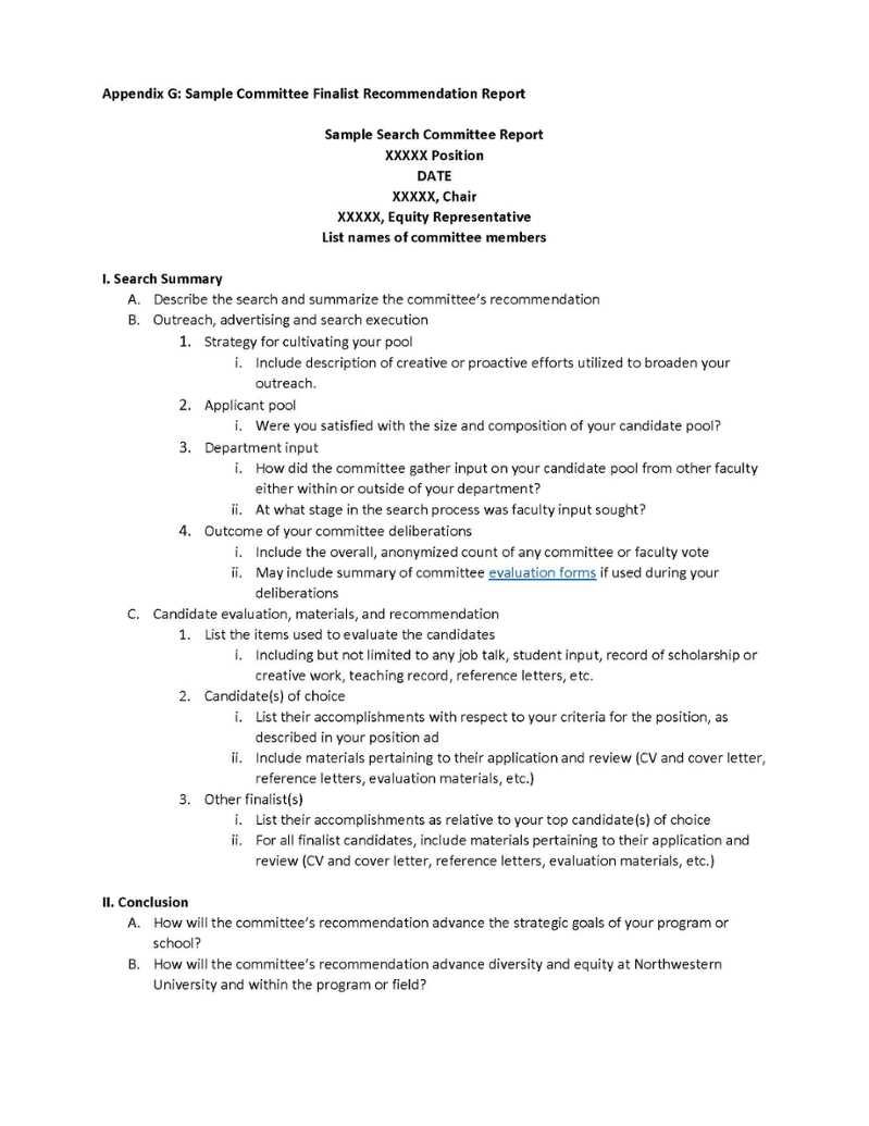 Appendix G: Sample Committee Finalist Recommendation Report Throughout Recommendation Report Template