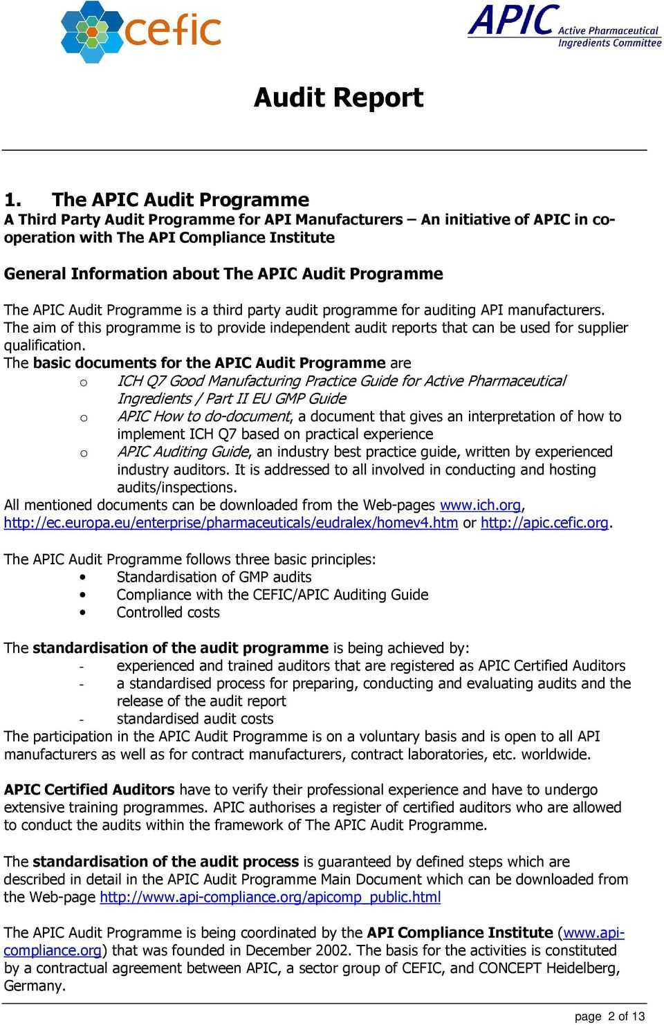 Audit Report In The Framework Of The Apic Audit Programme Pertaining To Gmp Audit Report Template