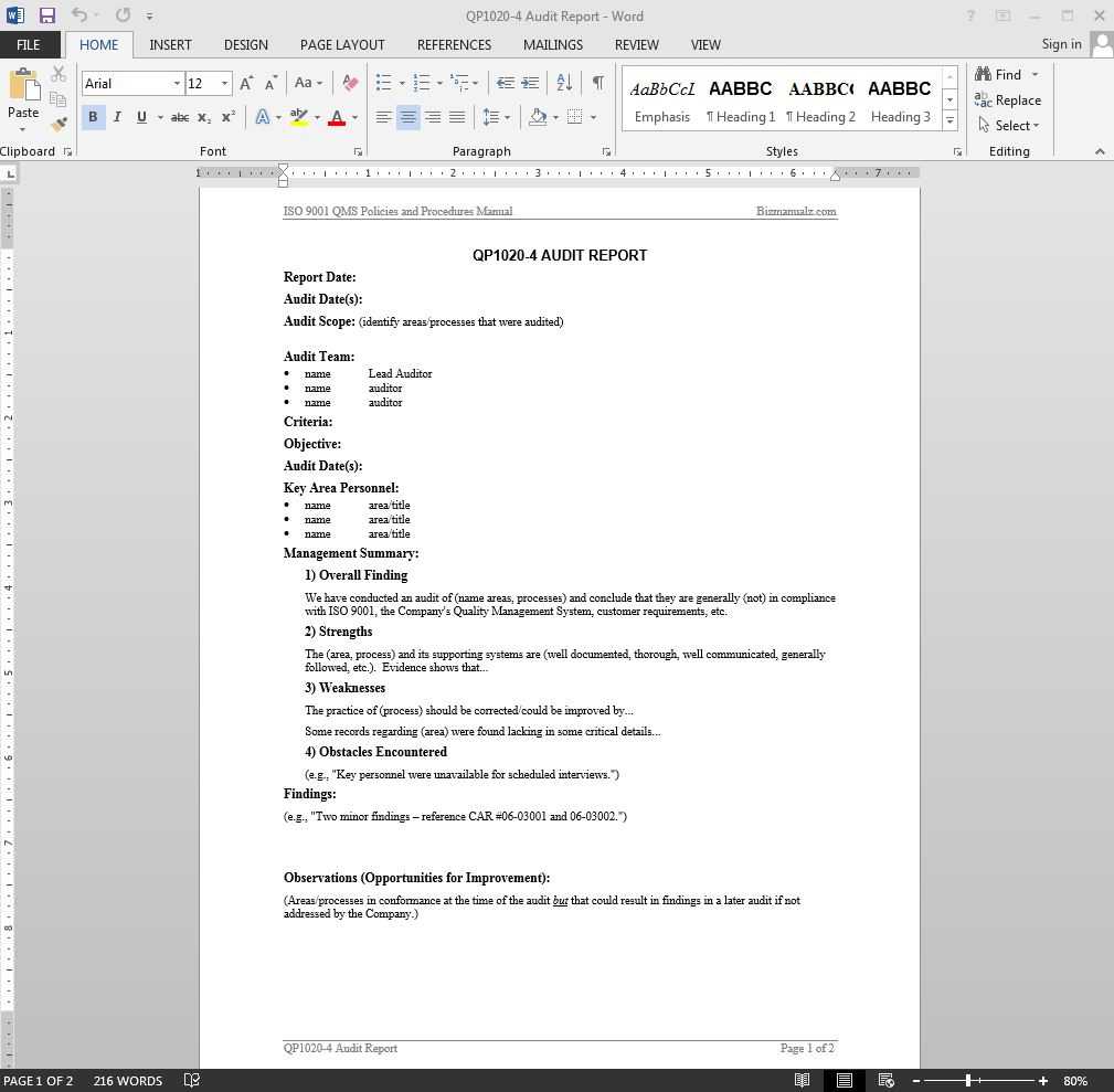 Audit Report Iso Template | Qp1020 4 With Internal Audit Report Template Iso 9001