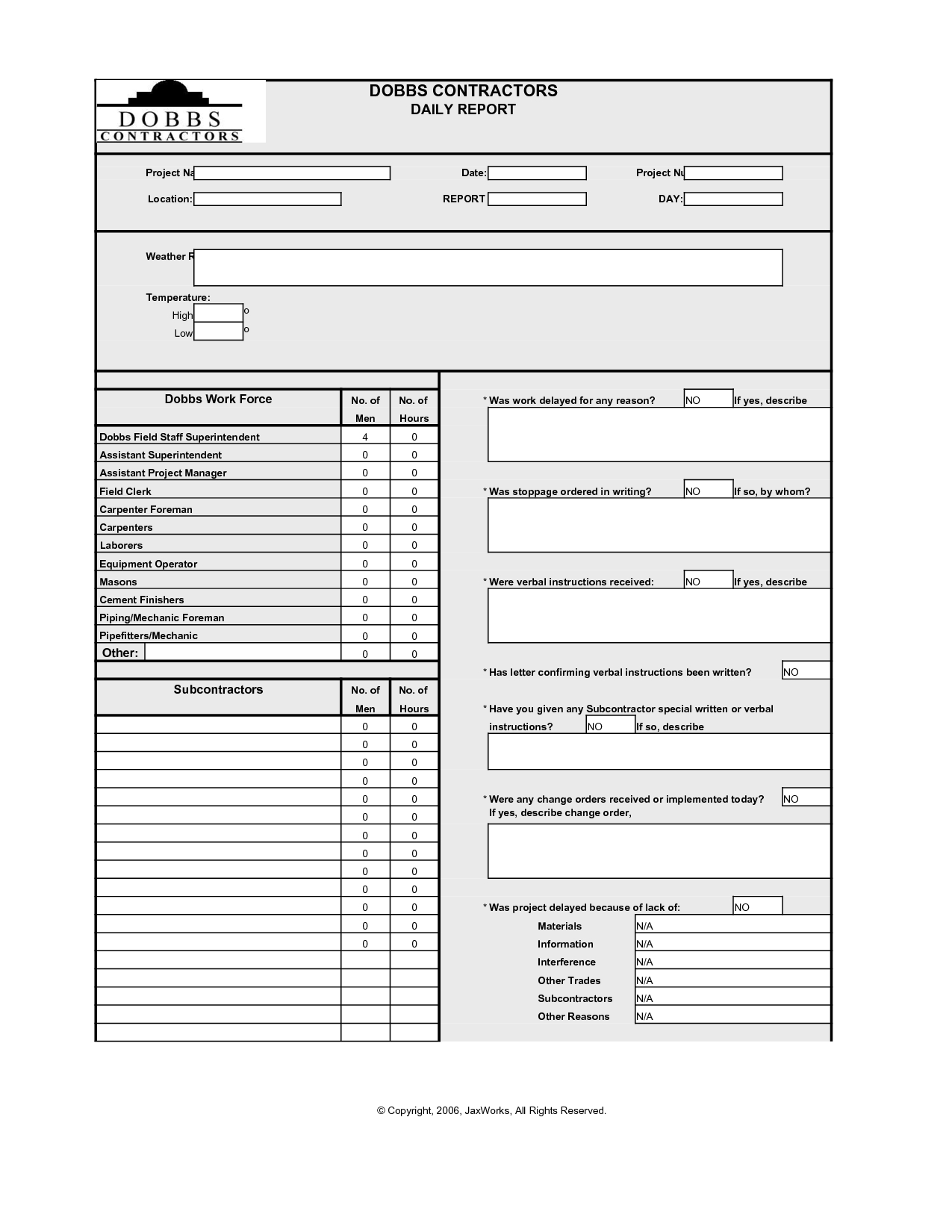 Basic Daily Report Template Sample For Contractor Project In Superintendent Daily Report Template