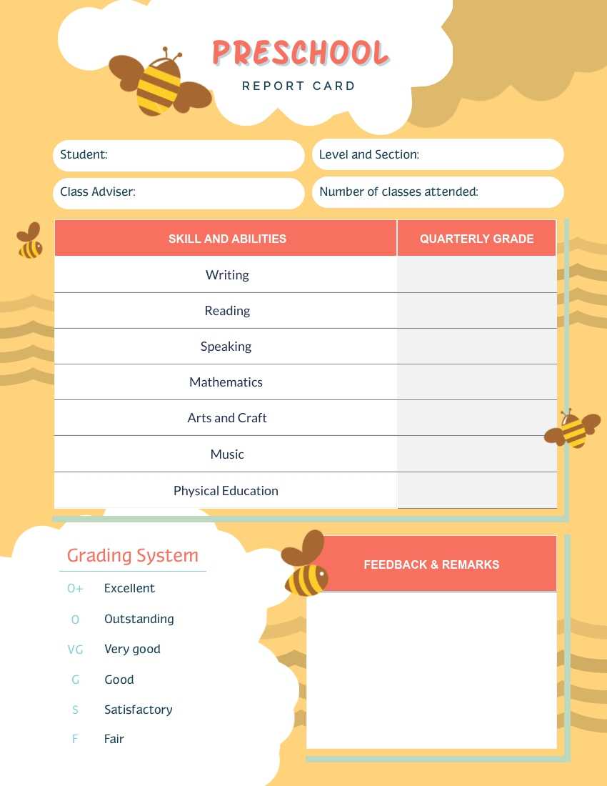 Bee Preschool Report Card Template – Visme Regarding High School Student Report Card Template