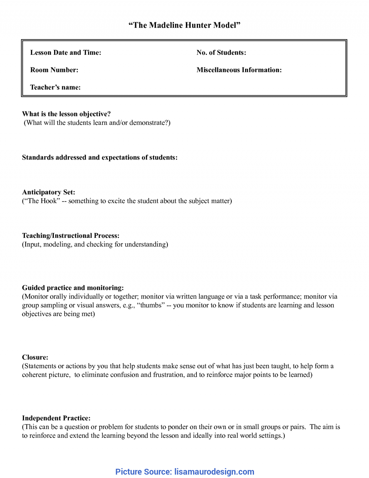 Best Lesson Plan Template Anticipatory Set Madeline Hunter Inside Madeline Hunter Lesson Plan Blank Template