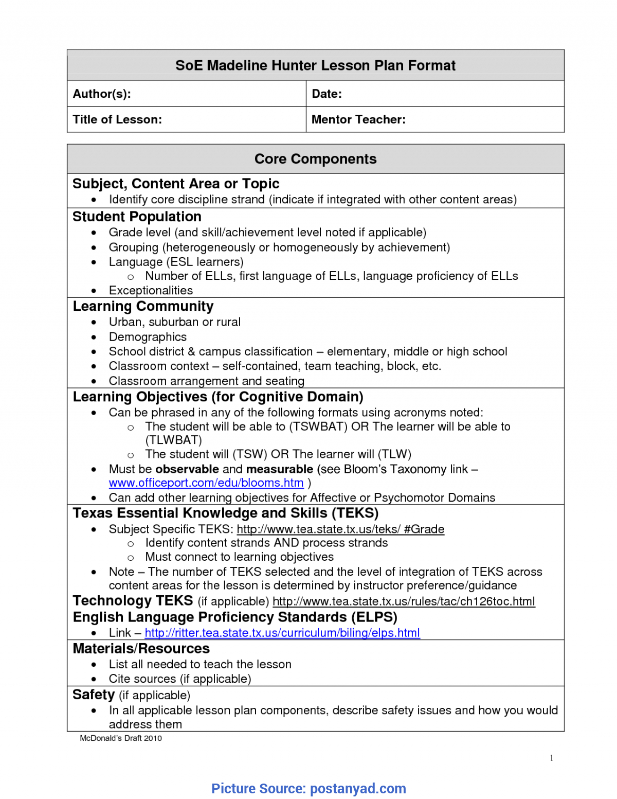 Best Madeline Hunter Lesson Plan Components Madeline Hunter Regarding Madeline Hunter Lesson Plan Template Word