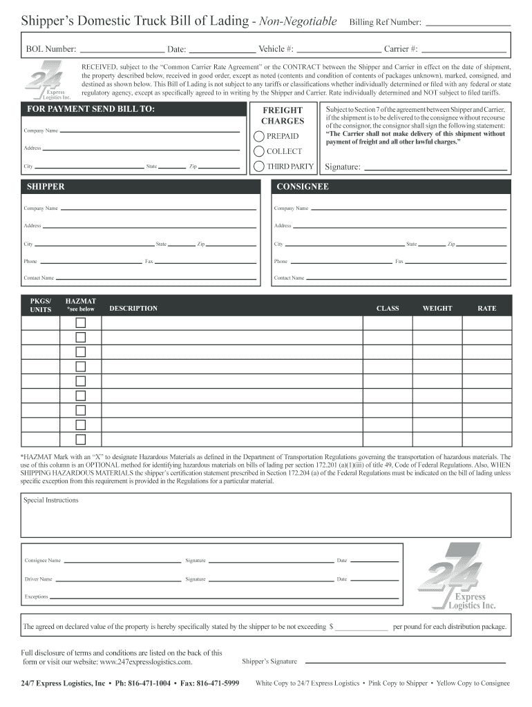 Bill Of Lading Form – Fill Online, Printable, Fillable Within Blank Bol Template