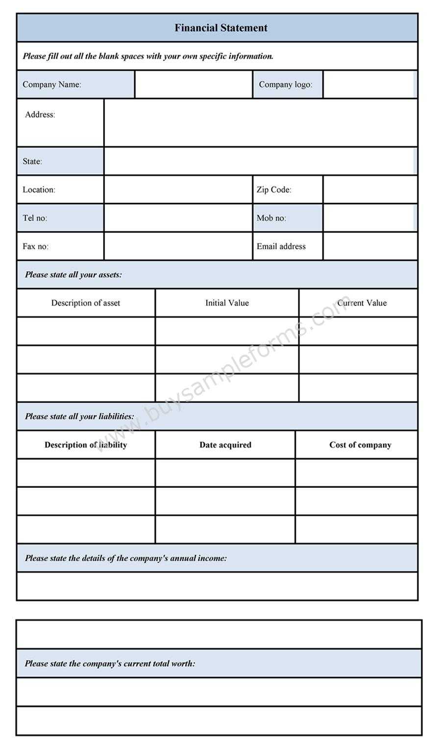 Blank Personal Financial Statement Form – Sample Forms Regarding Blank Personal Financial Statement Template