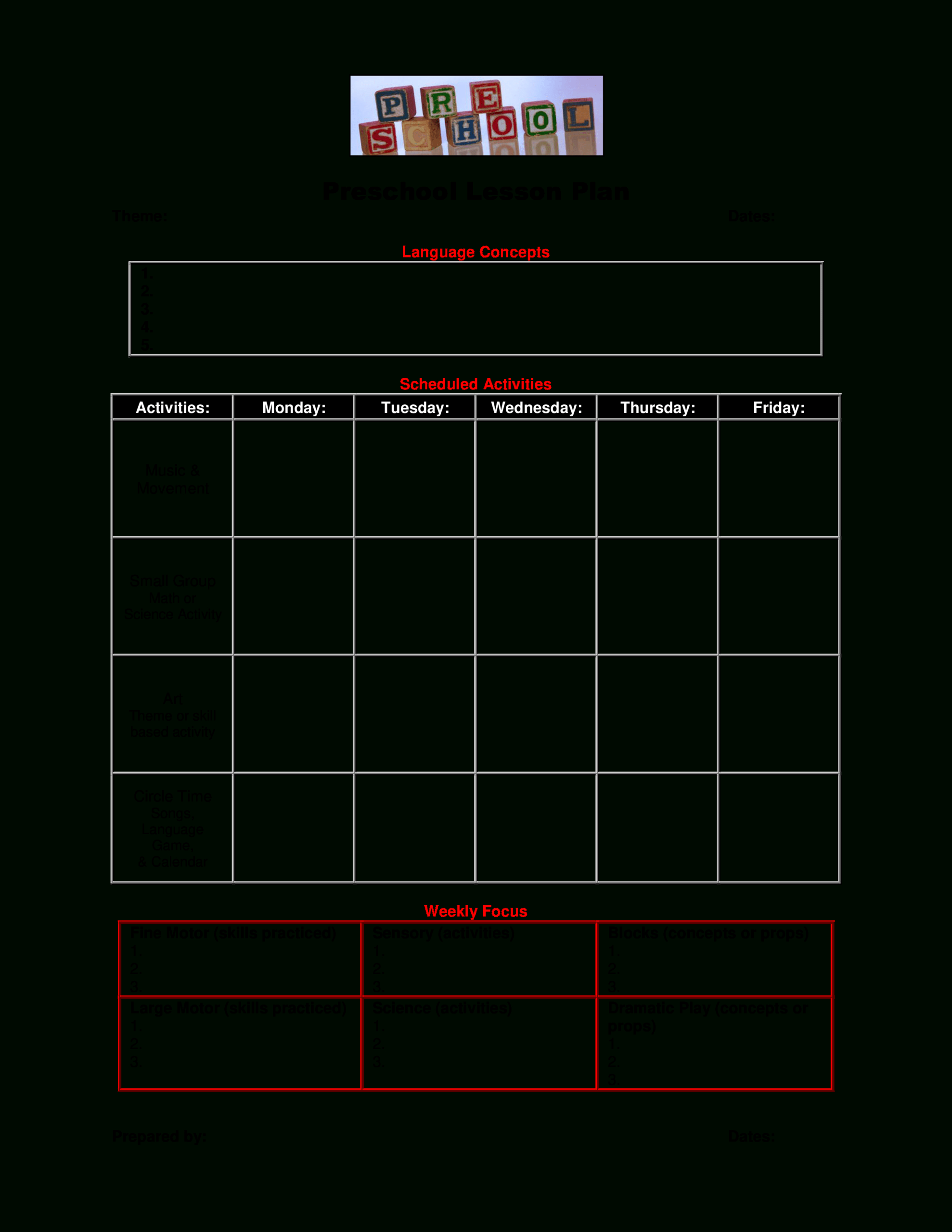 Blank Preschool Lesson Plan | Templates At With Regard To Blank Preschool Lesson Plan Template