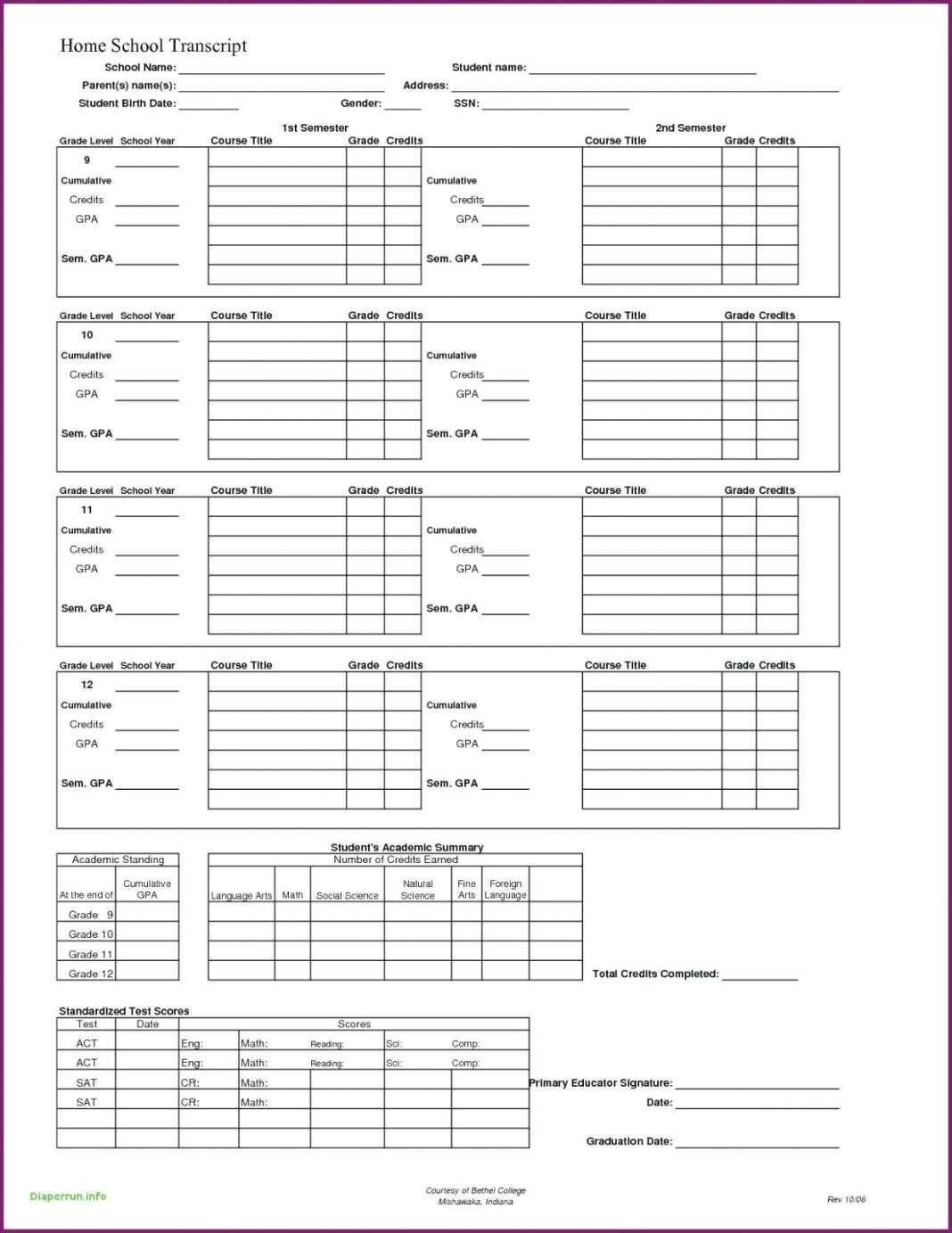 Blank Report Card Template Examples Printable High School Within Blank Report Card Template