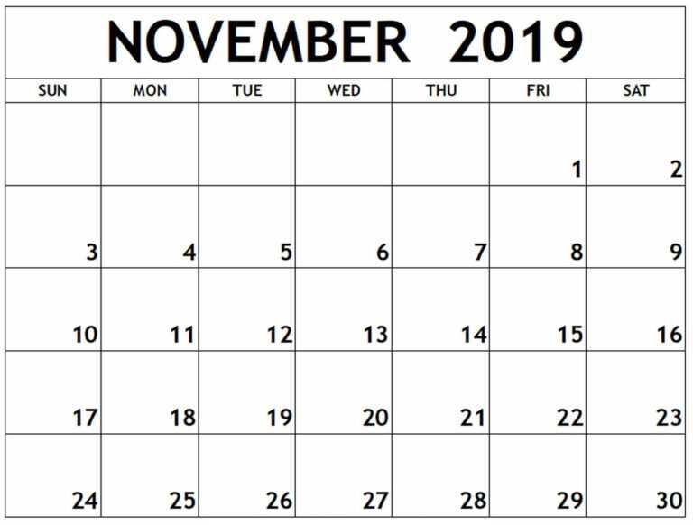 Calendar November 2019 Printable Template – 2019 Calendars Inside Blank ...