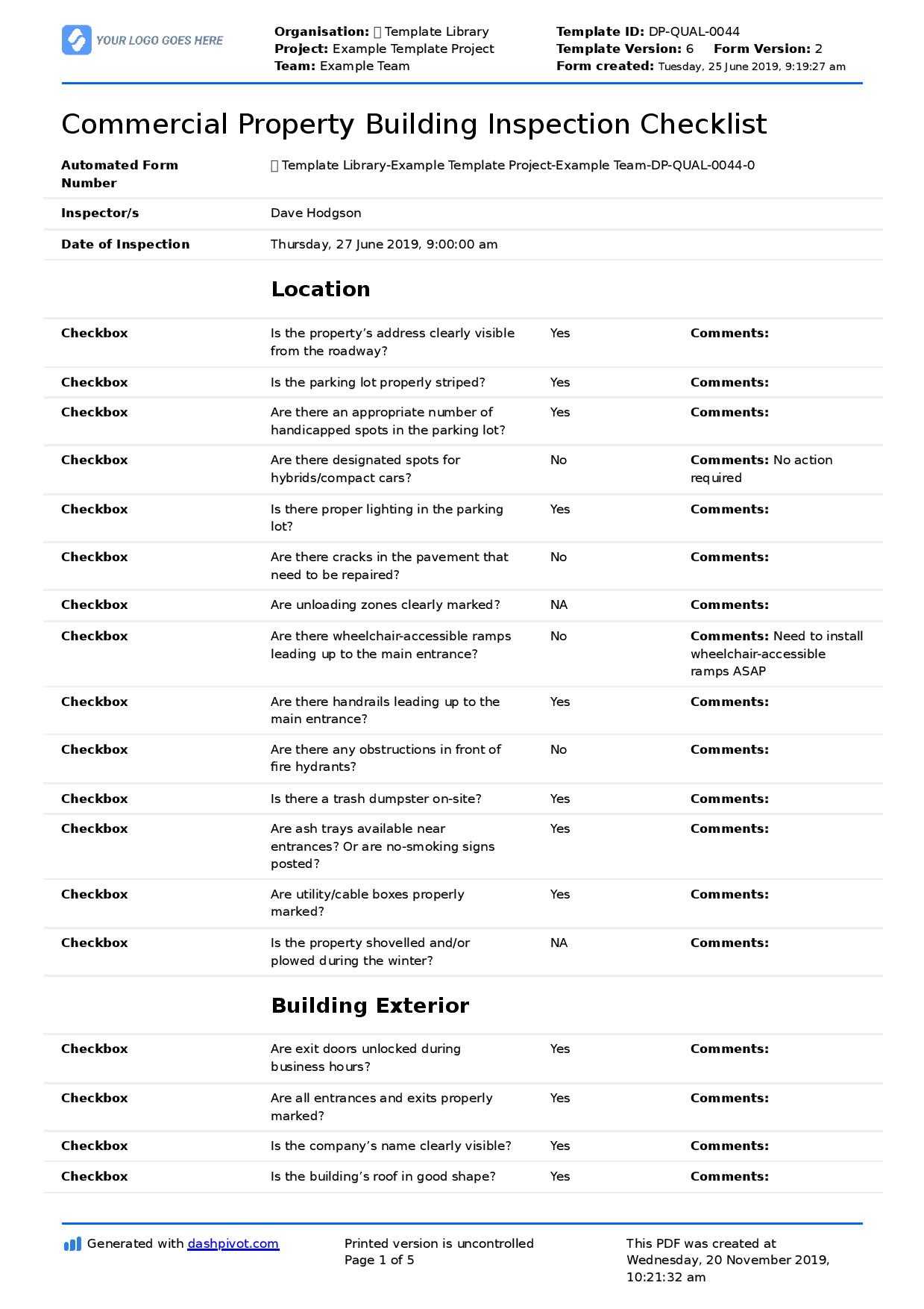 Commercial Building Inspection Checklist: Quicker + Easier Within Commercial Property Inspection Report Template