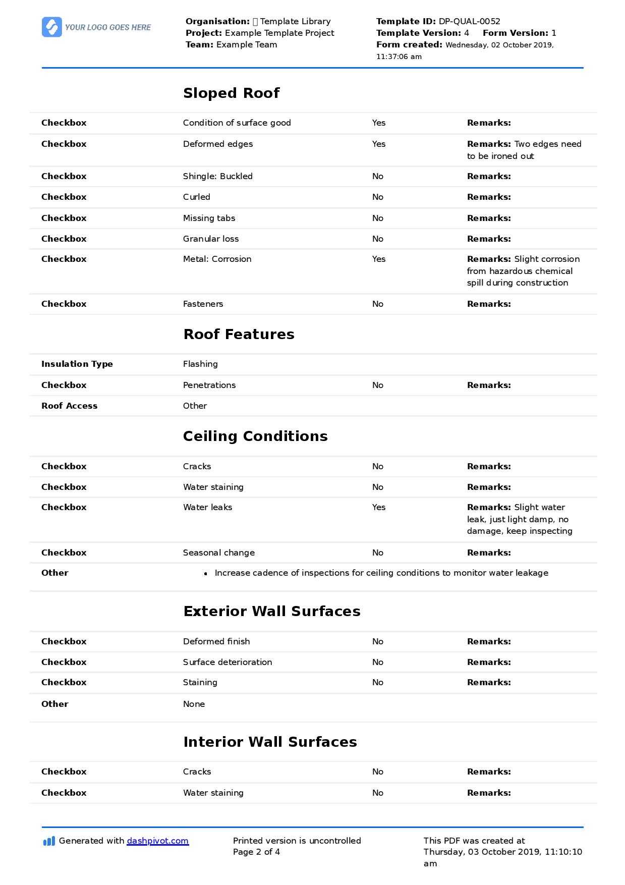 Commercial Roof Inspection Checklist And Report Template Intended For Roof Inspection Report Template