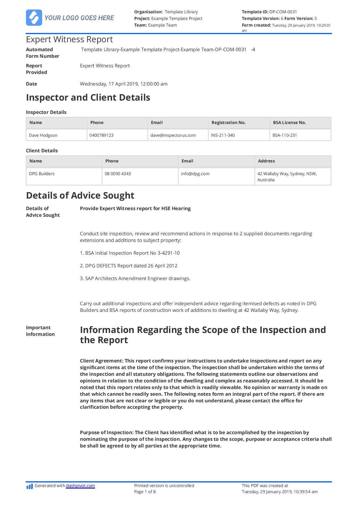 Construction Expert Witness Report Example And Editable Template Throughout Engineering Inspection Report Template