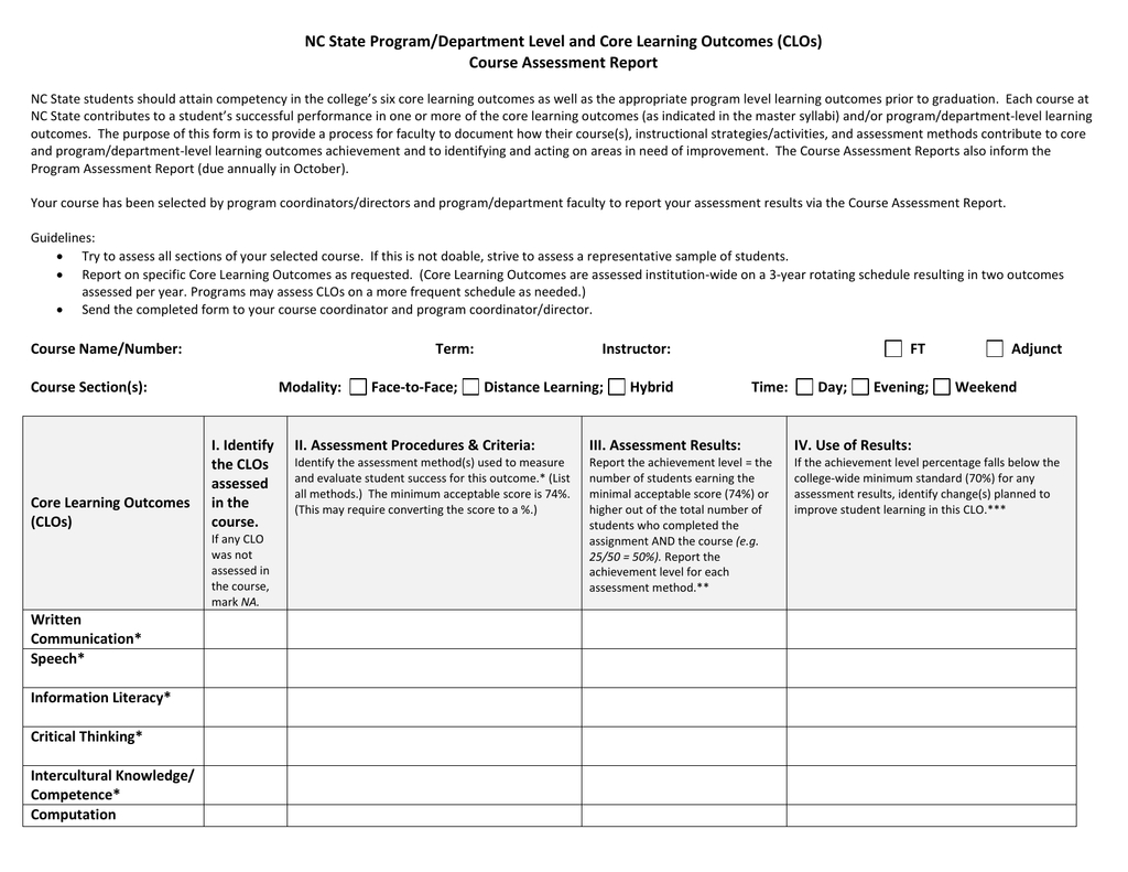 Course Assessment Report Template Within State Report Template