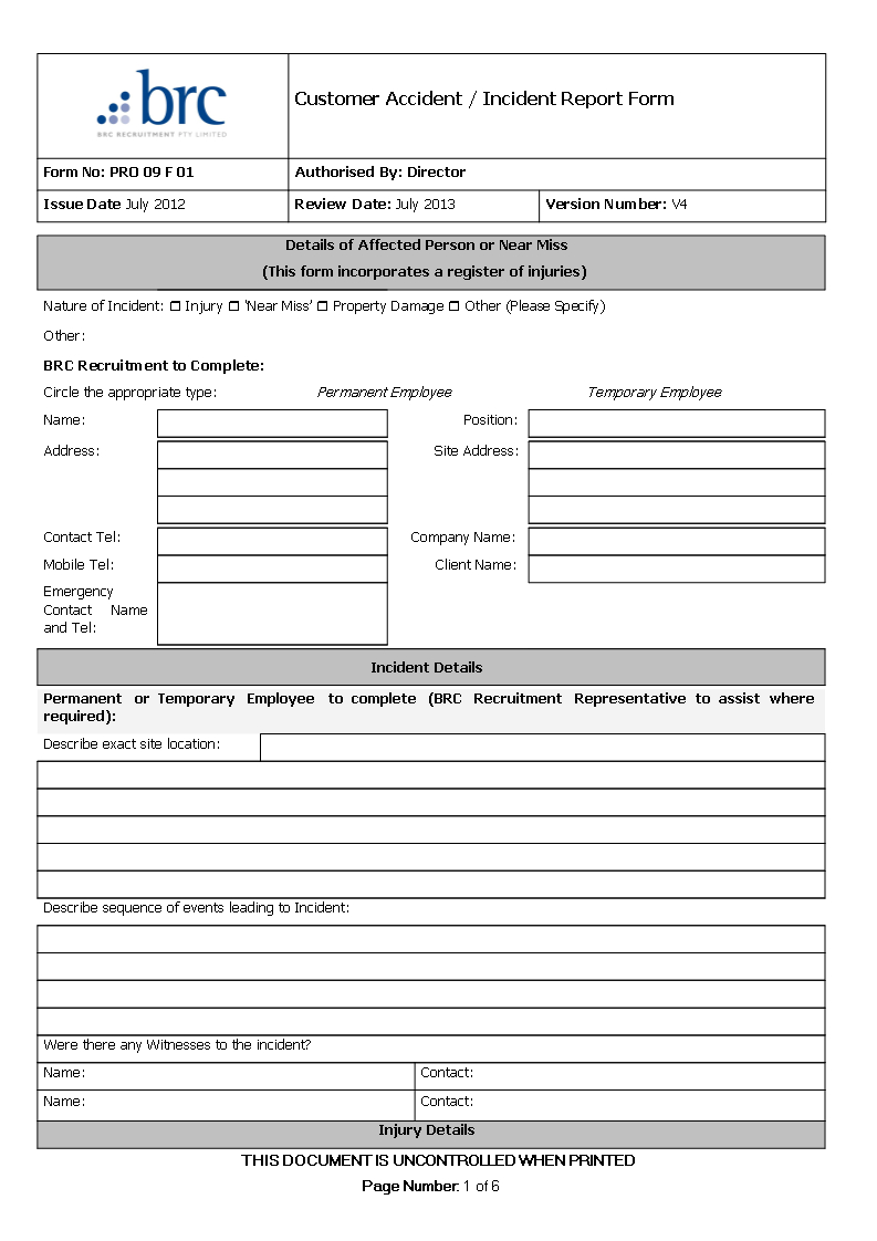 Customer Accident Incident Report | Templates At Throughout Customer Contact Report Template