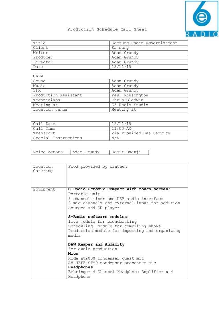 Daily Production Schedule Template Excel Plan Pdf Xls Free Inside Film Call Sheet Template Word