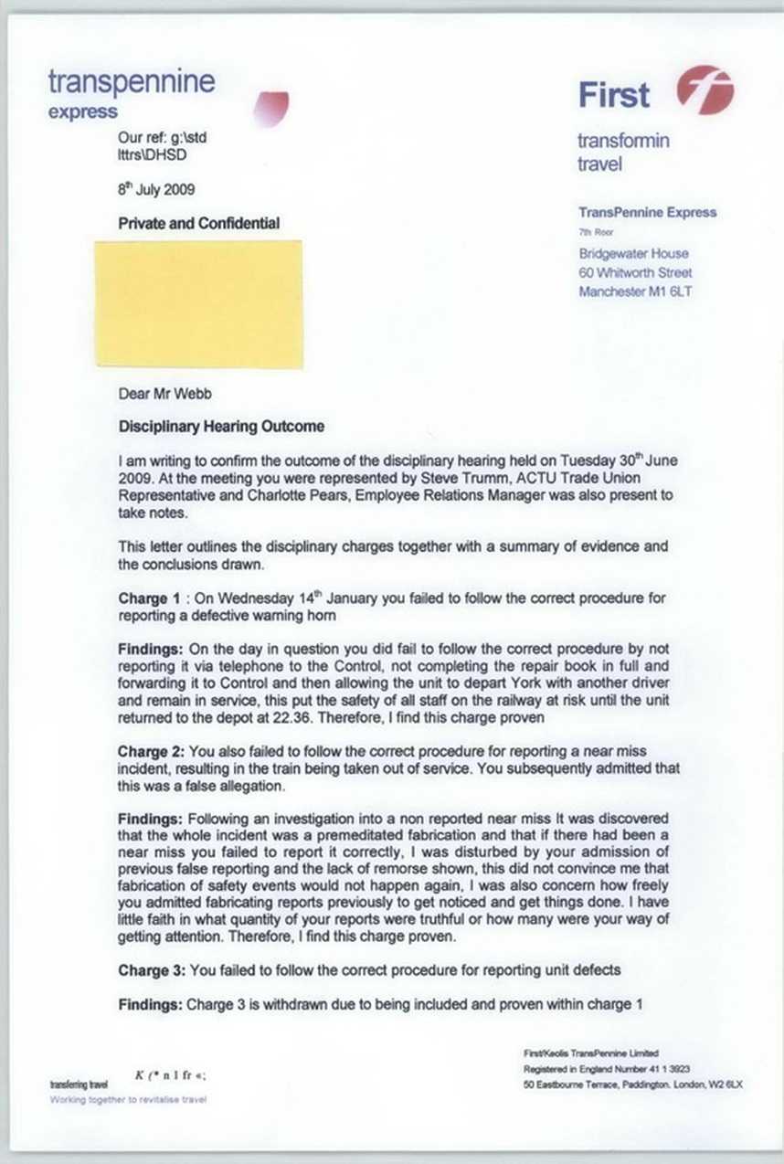 Disciplinary Hearing Outcome Letter – Transpennine Express With Regard To Investigation Report Template Disciplinary Hearing