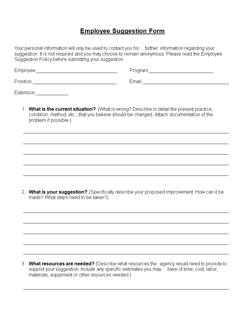 Employee Suggestion Form Word Format | Templates At Inside Word Employee Suggestion Form Template