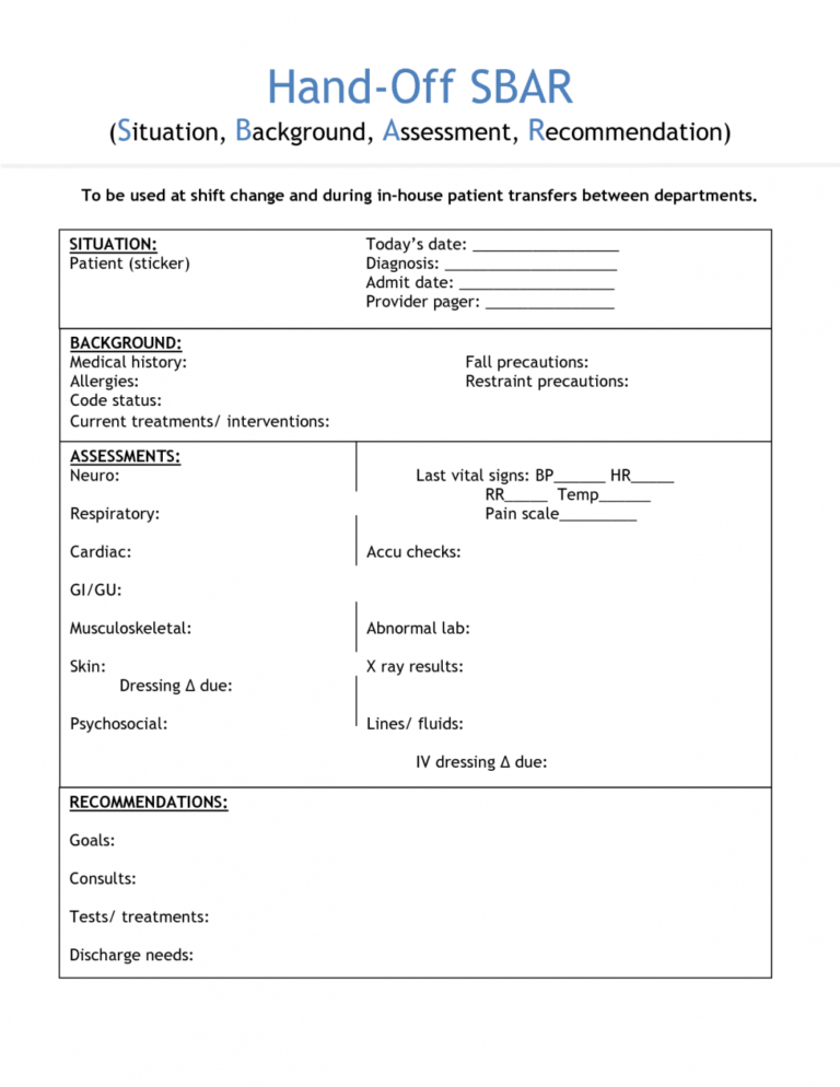 End Of Shift Nursing Report Template Examples Huntsman Sbar With Sbar