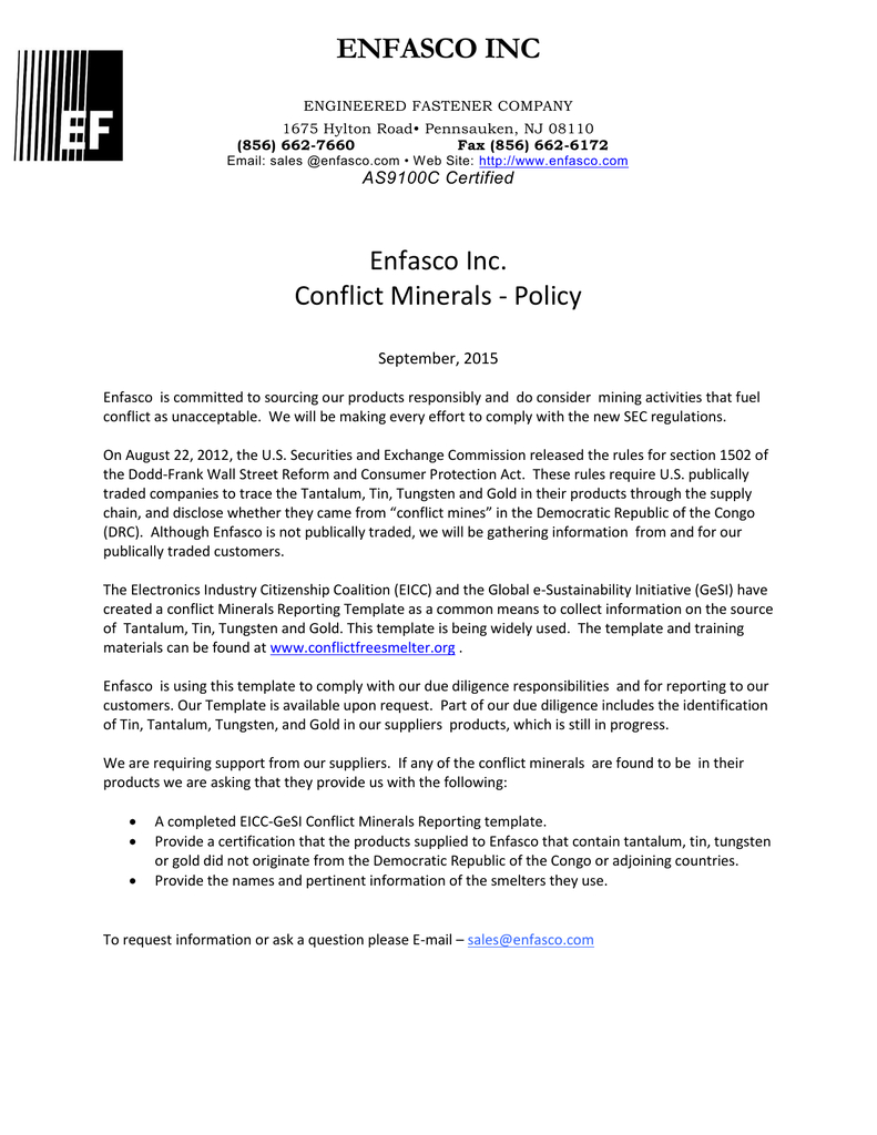 Enfasco Inc Enfasco Inc. Conflict Minerals – Policy Regarding Eicc Conflict Minerals Reporting Template