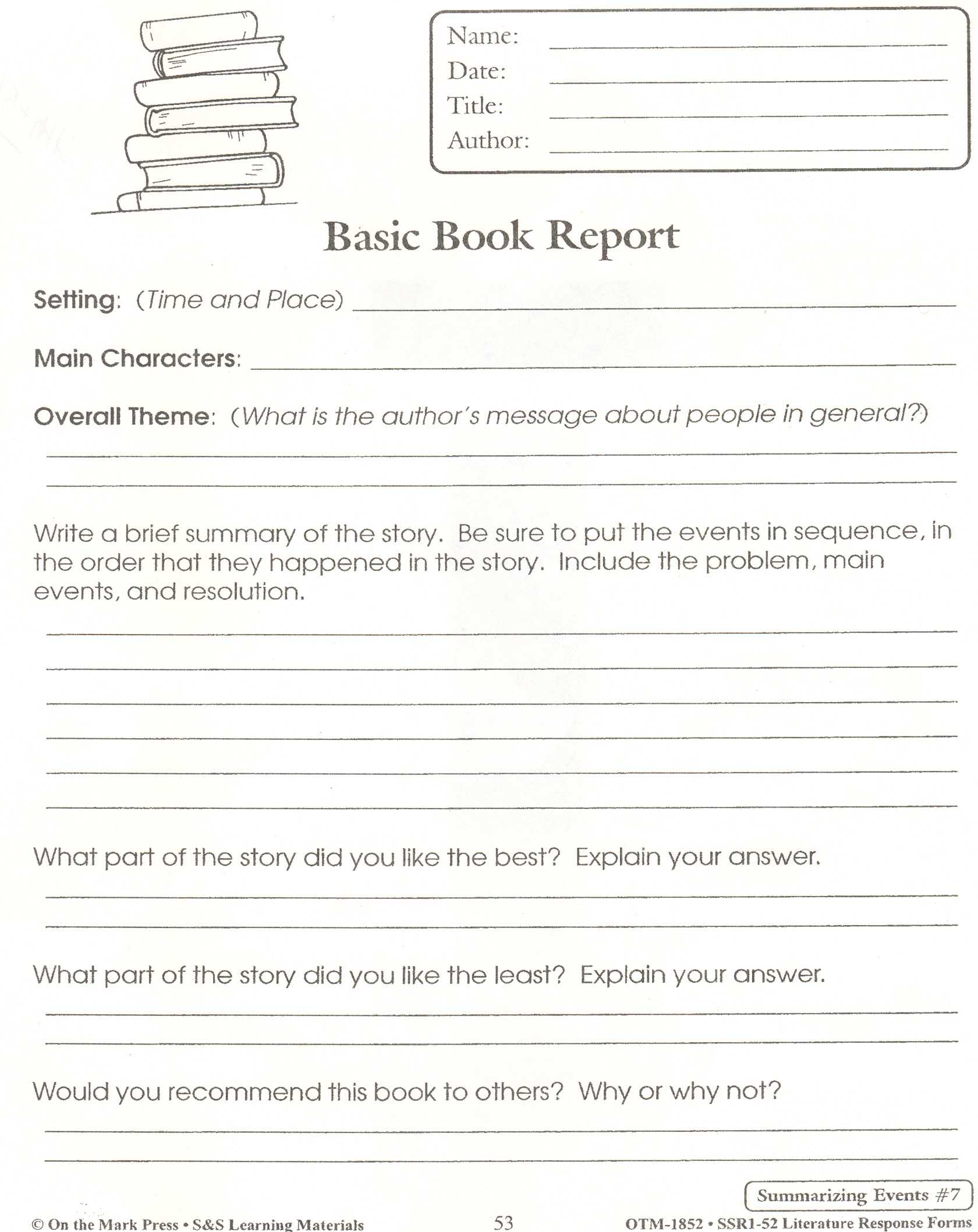 English Worksheets Book Report Template Fiction Pdf Non With 4Th Grade Book Report Template