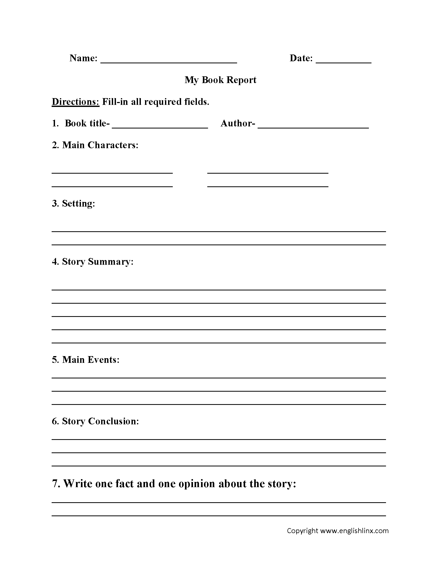 Englishlinx | Book Report Worksheets Within One Page Book Report Template