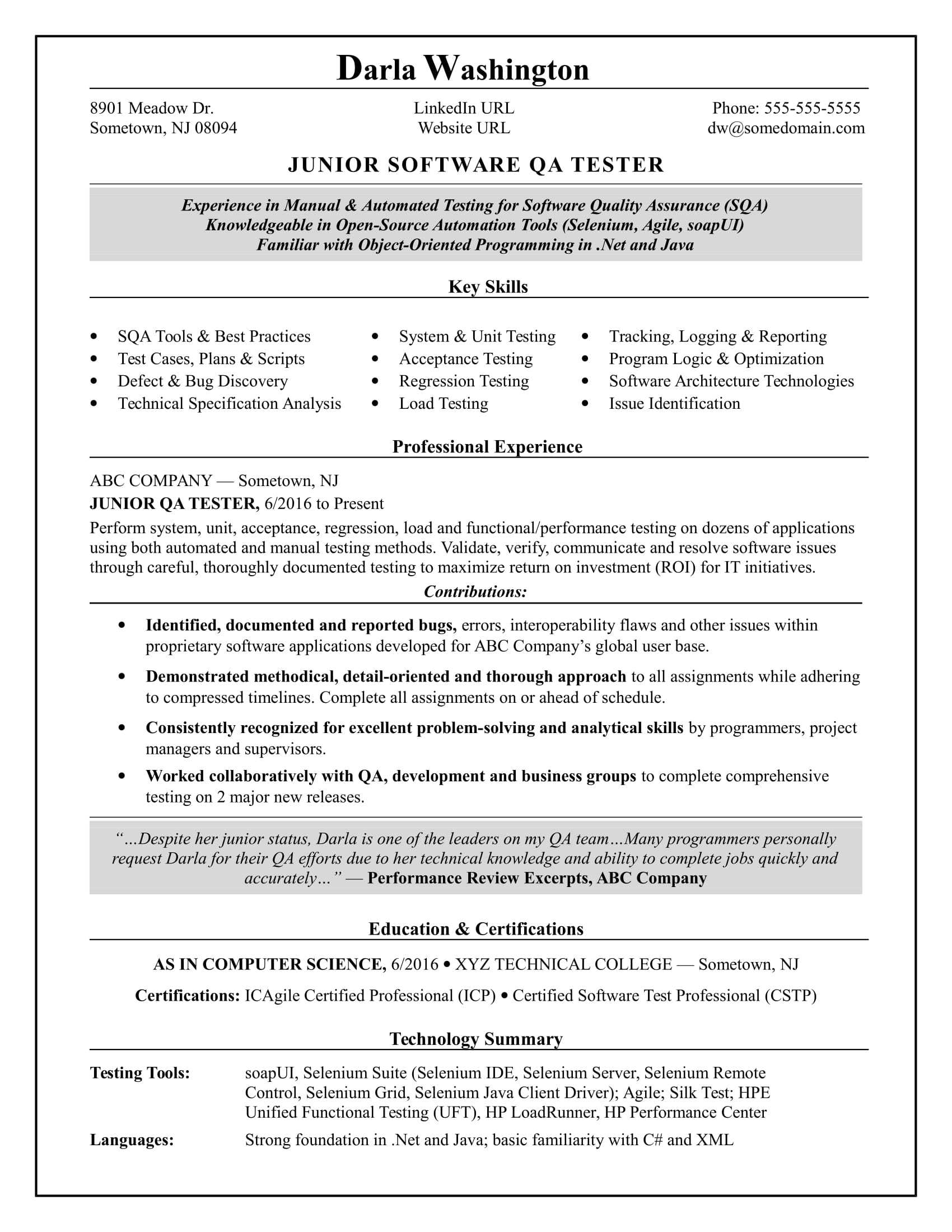 Entry Level Qa Software Tester Resume Sample | Monster For Software Quality Assurance Report Template