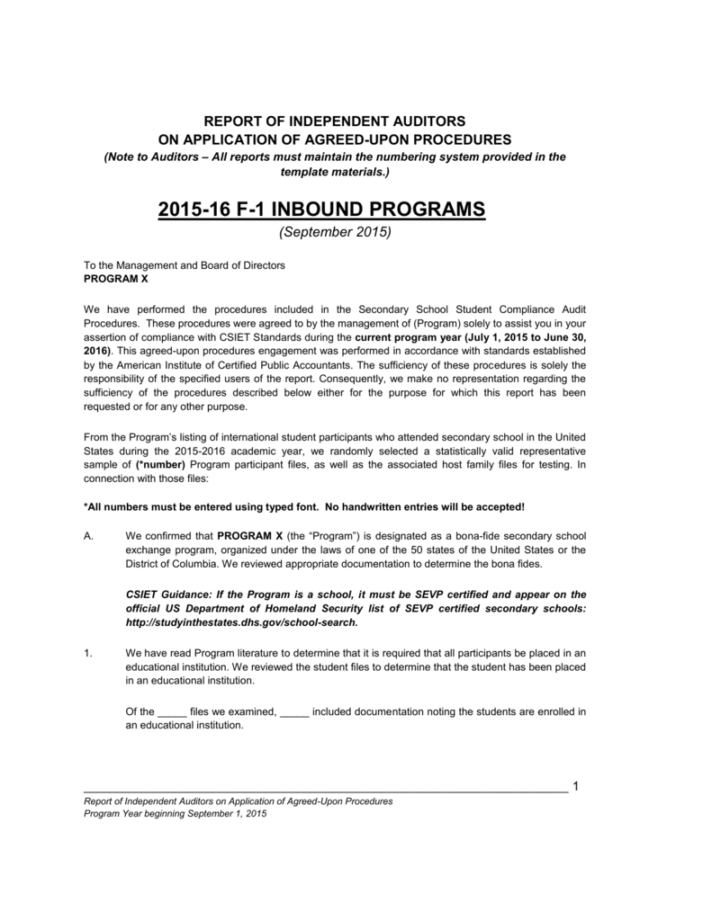 F 1 Compliance Audit Report Throughout Agreed Upon Procedures Report Template