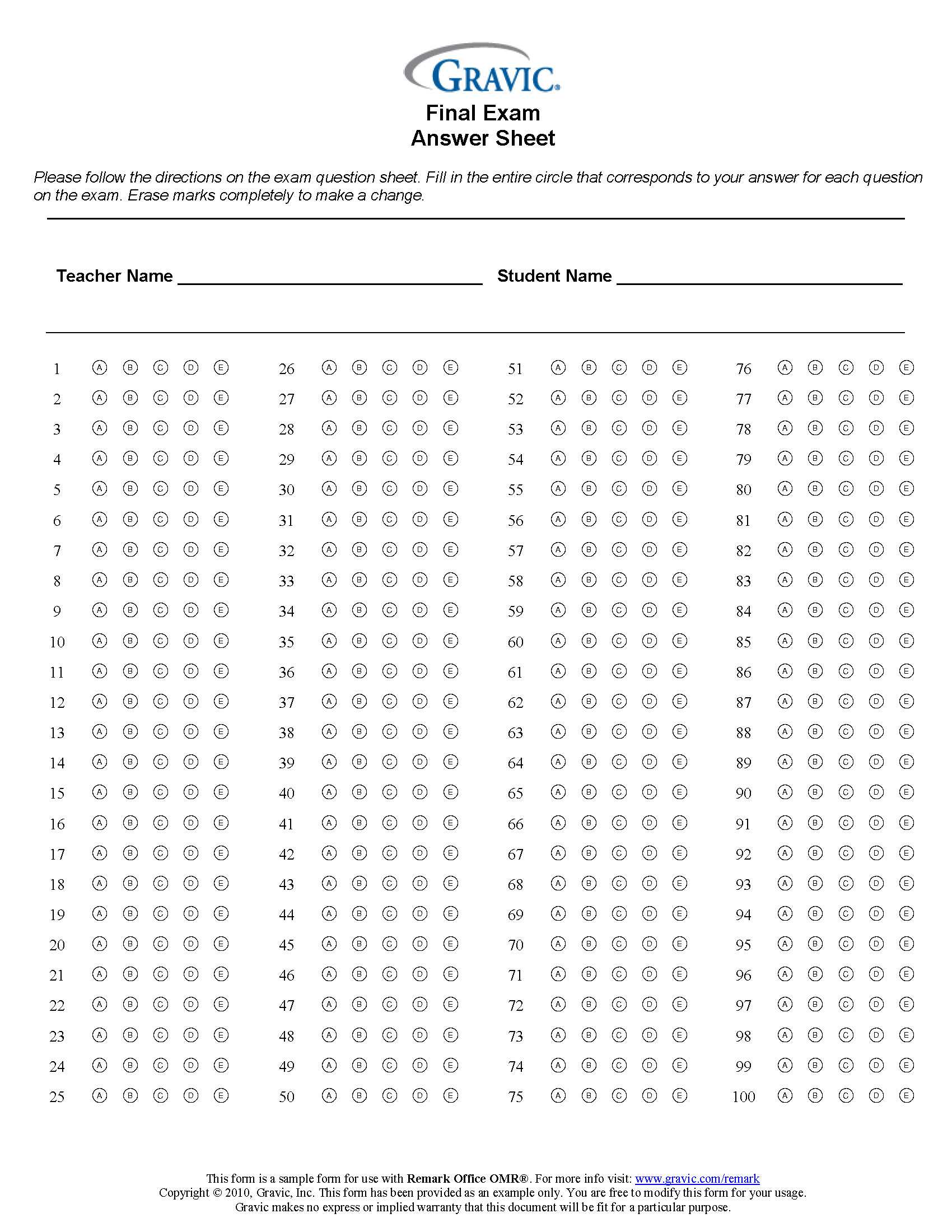 Final Exam 100 Question Test Answer Sheet · Remark Software Throughout Blank Answer Sheet Template 1 100