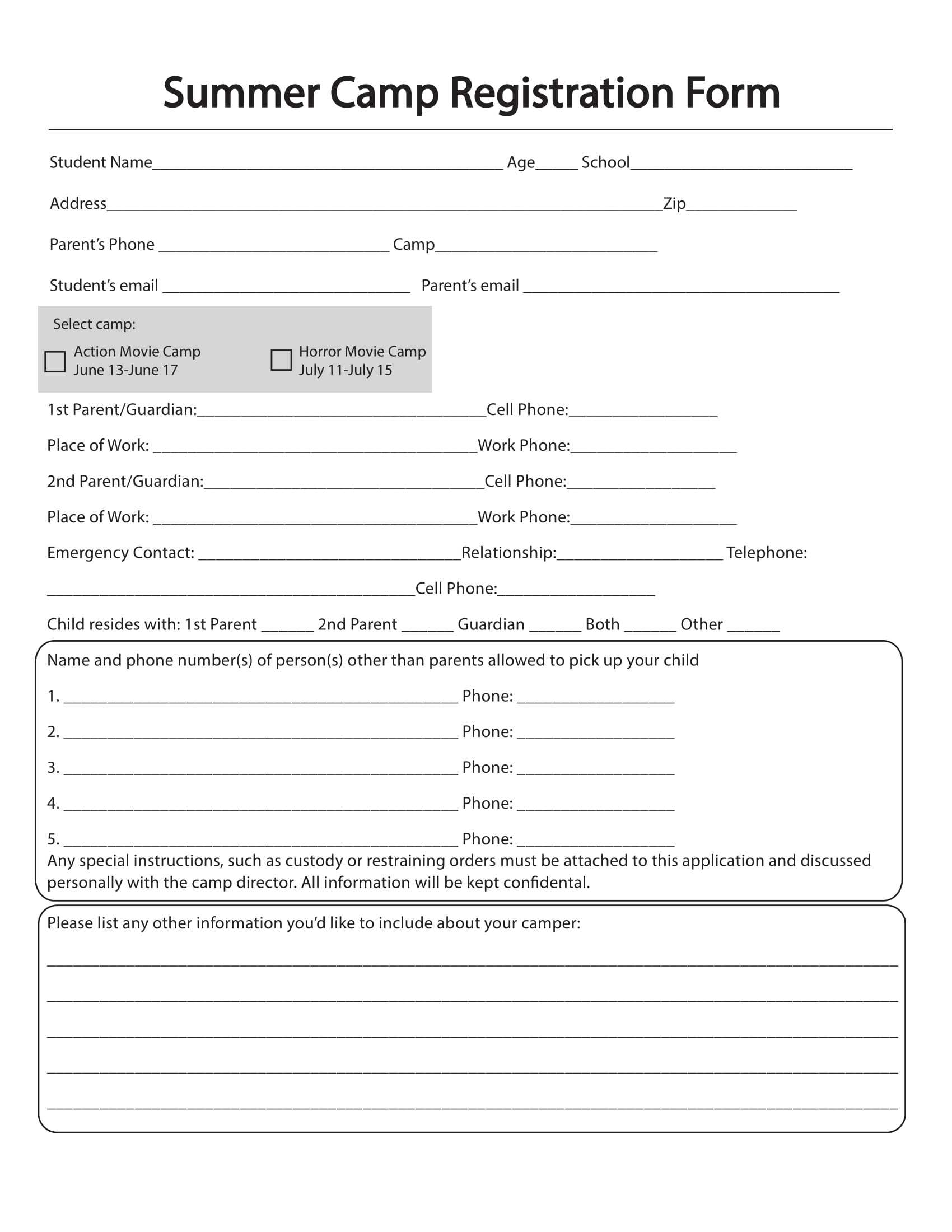 Free 10+ Printable Summer Camp Registration Forms In Pdf With Regard To Camp Registration Form Template Word