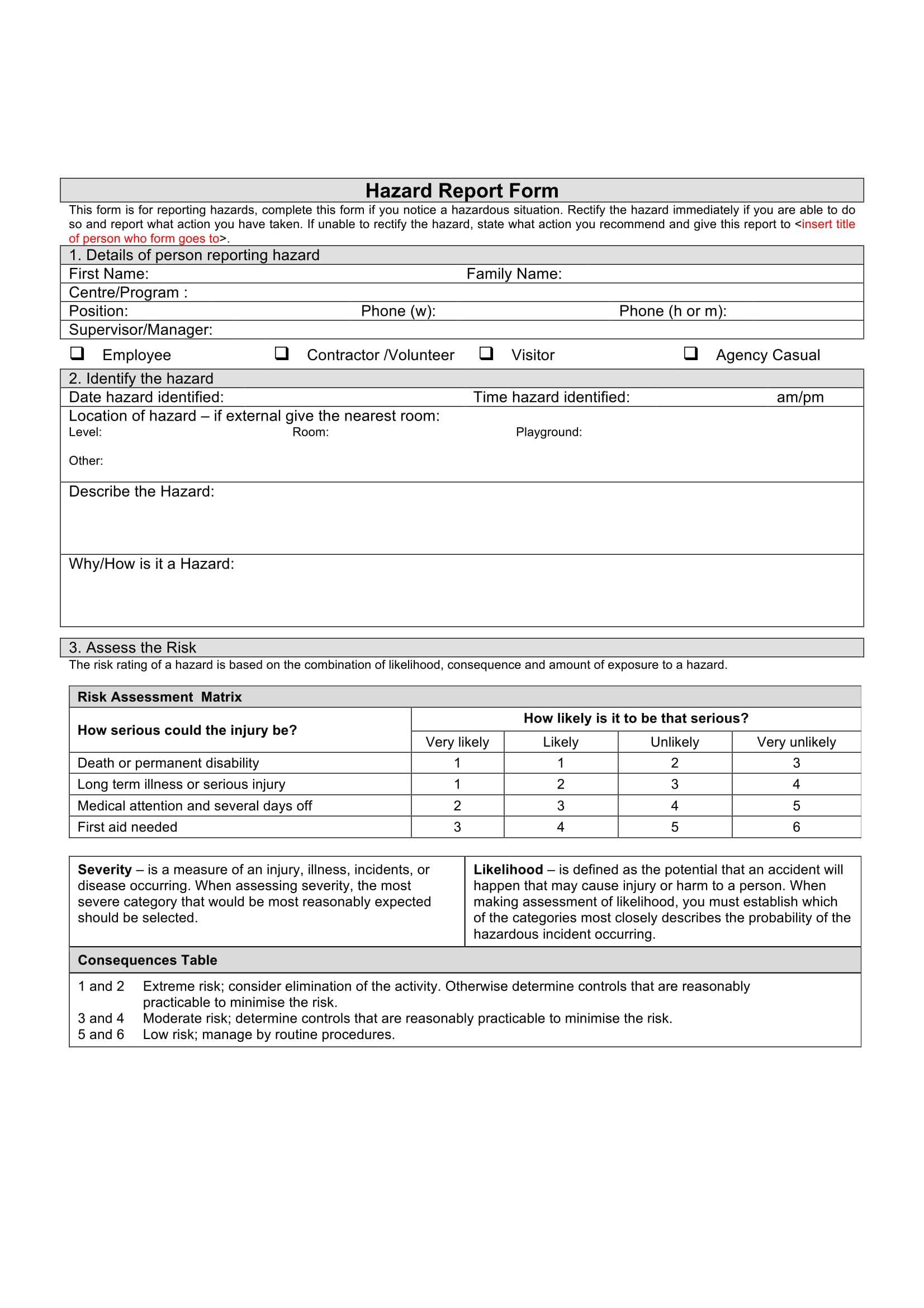 Free 13+ Hazard Report Forms In Ms Word | Pdf Inside Incident Hazard Report Form Template