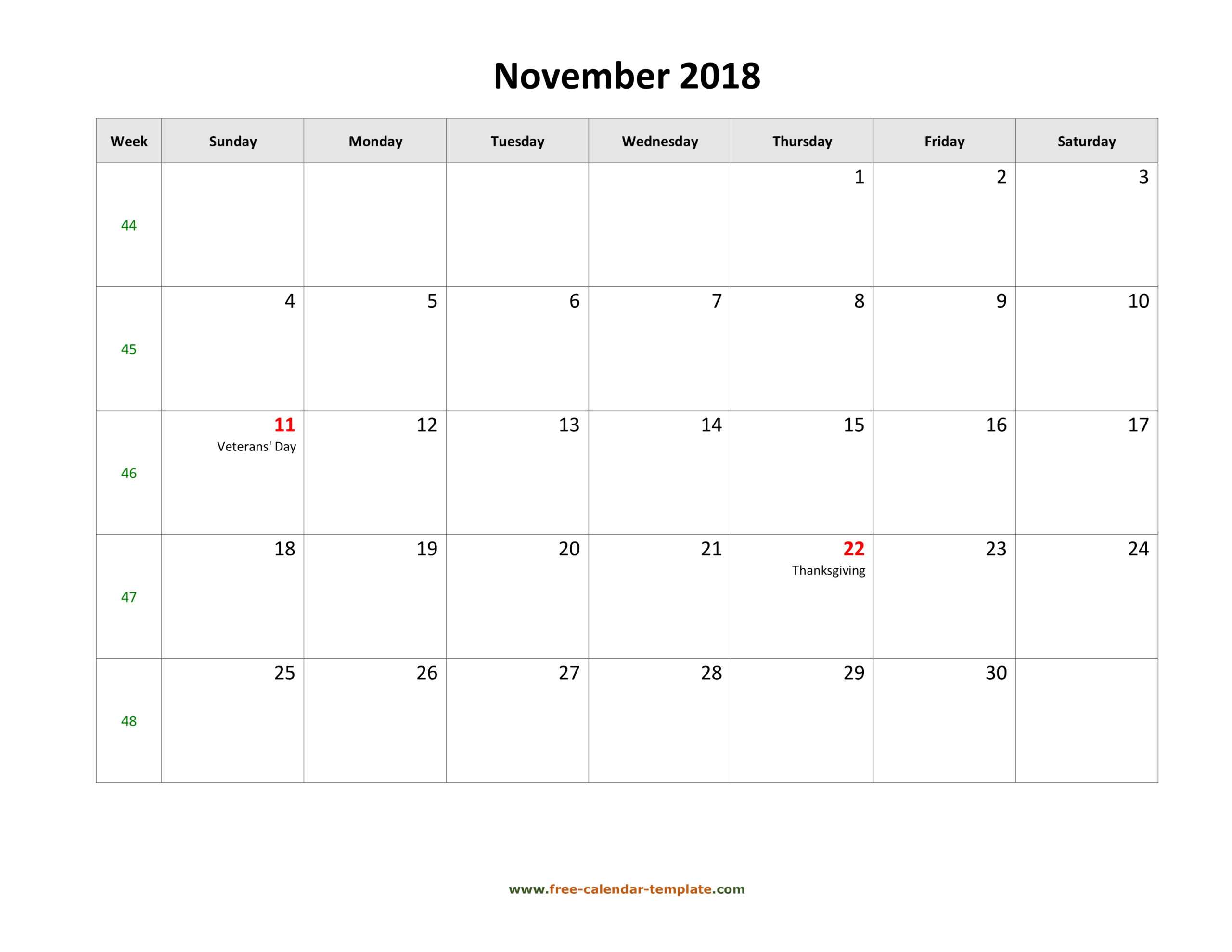 Free 2018 Calendar Blank November Template (Horizontal Inside Blank One Month Calendar Template