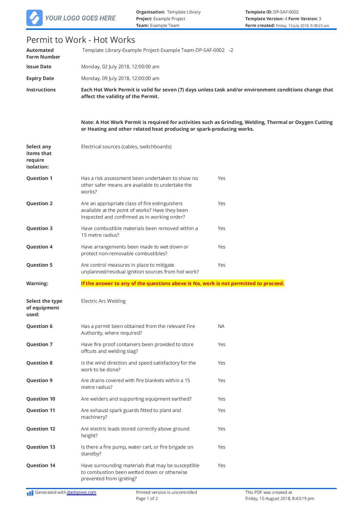 Free Hot Works Permit Template (Better Than Word And Pdf) Throughout Where Are Word Templates Stored