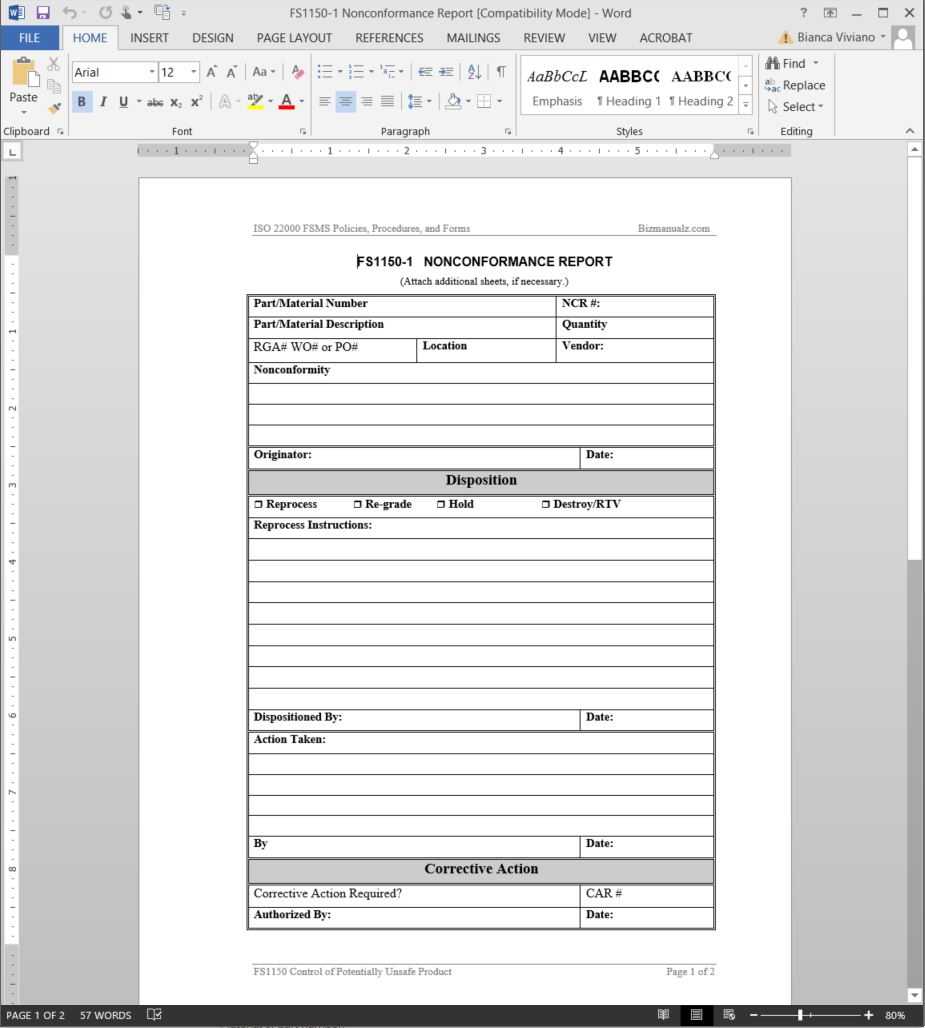 Fsms Nonconformance Report Template | Fds1150 1 With Regard To Non Conformance Report Form Template